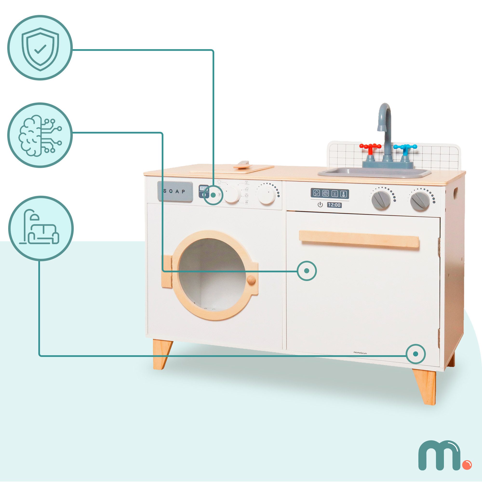 Mamabrum Kinder-Waschmaschine Holz-Kinderküche & Waschmaschine 2in1 – realistisches Spielset