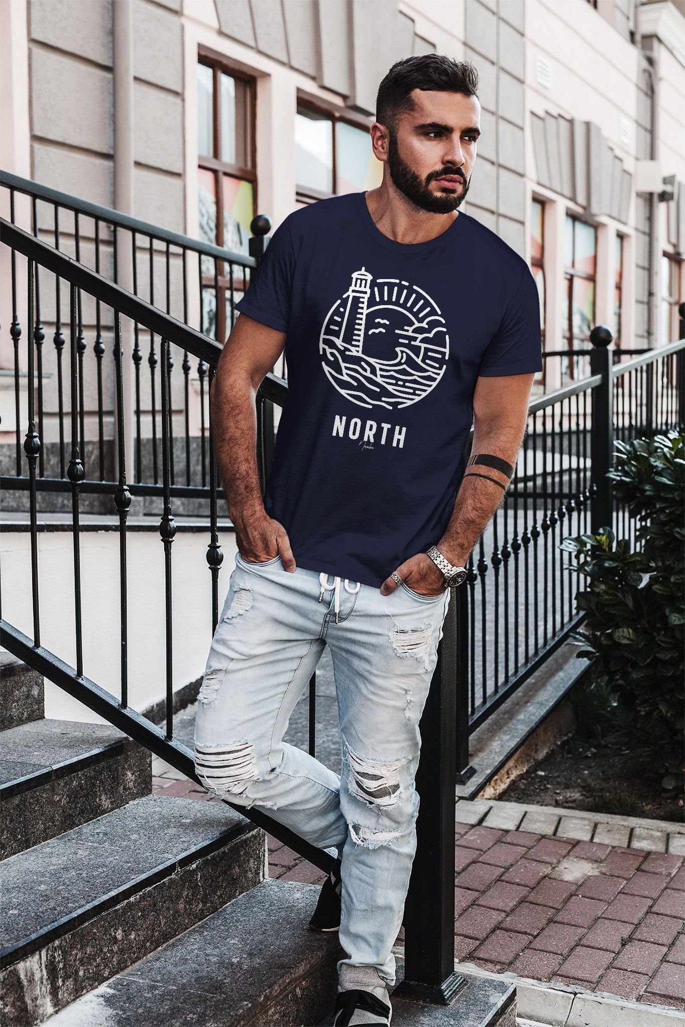 Outline Neverless Slim mit Herren Welle Neverless® Leuchtturm maritim navy Fit Print T-Shirt Aufdruck Art North Print-Shirt Logo