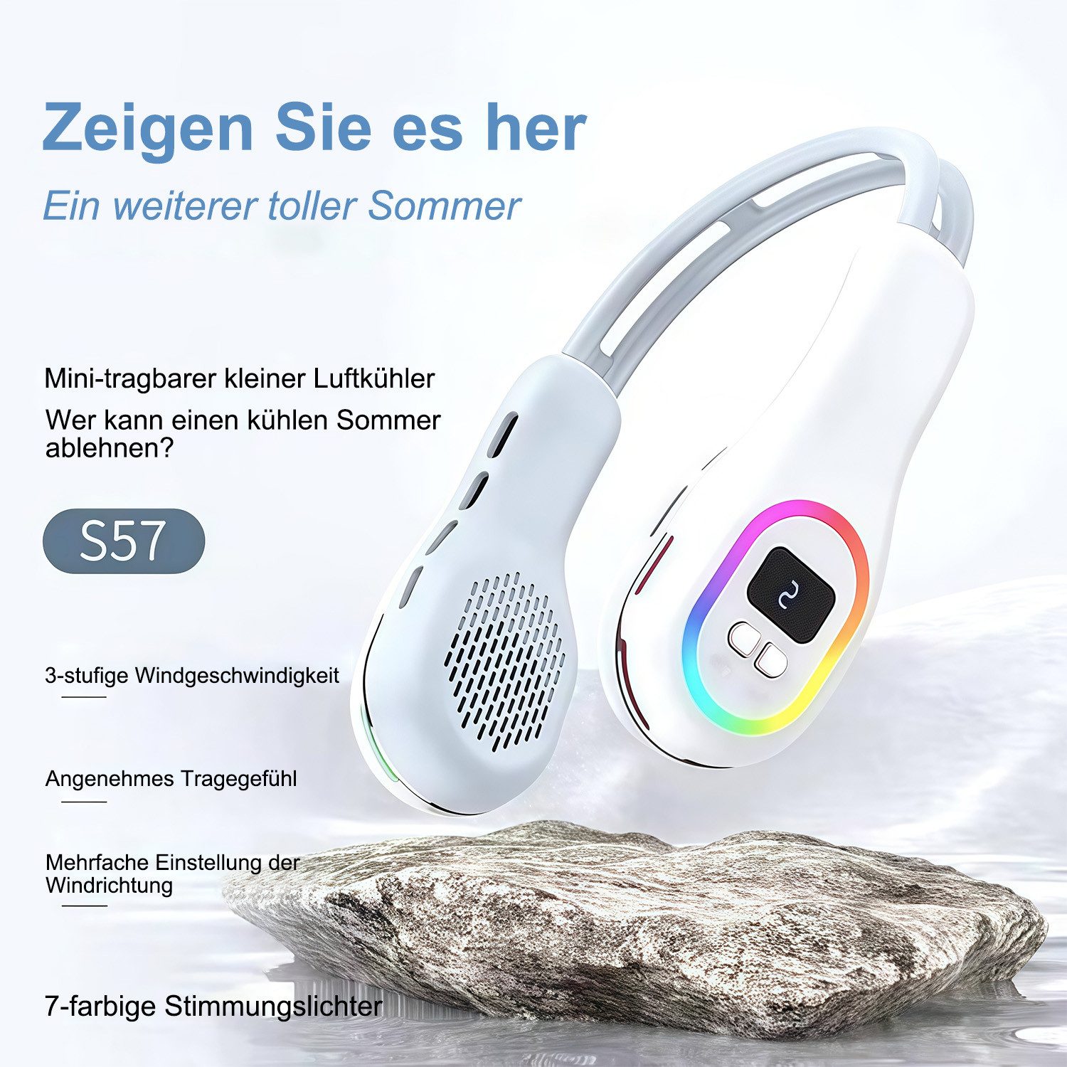 MOPUEA Umhängeventilator Tragbarer Nackenventilator 360° Windrichtung einstellbarer, mit RGB LED Ambientebeleuchtung für Reisen Sport Fitness Party