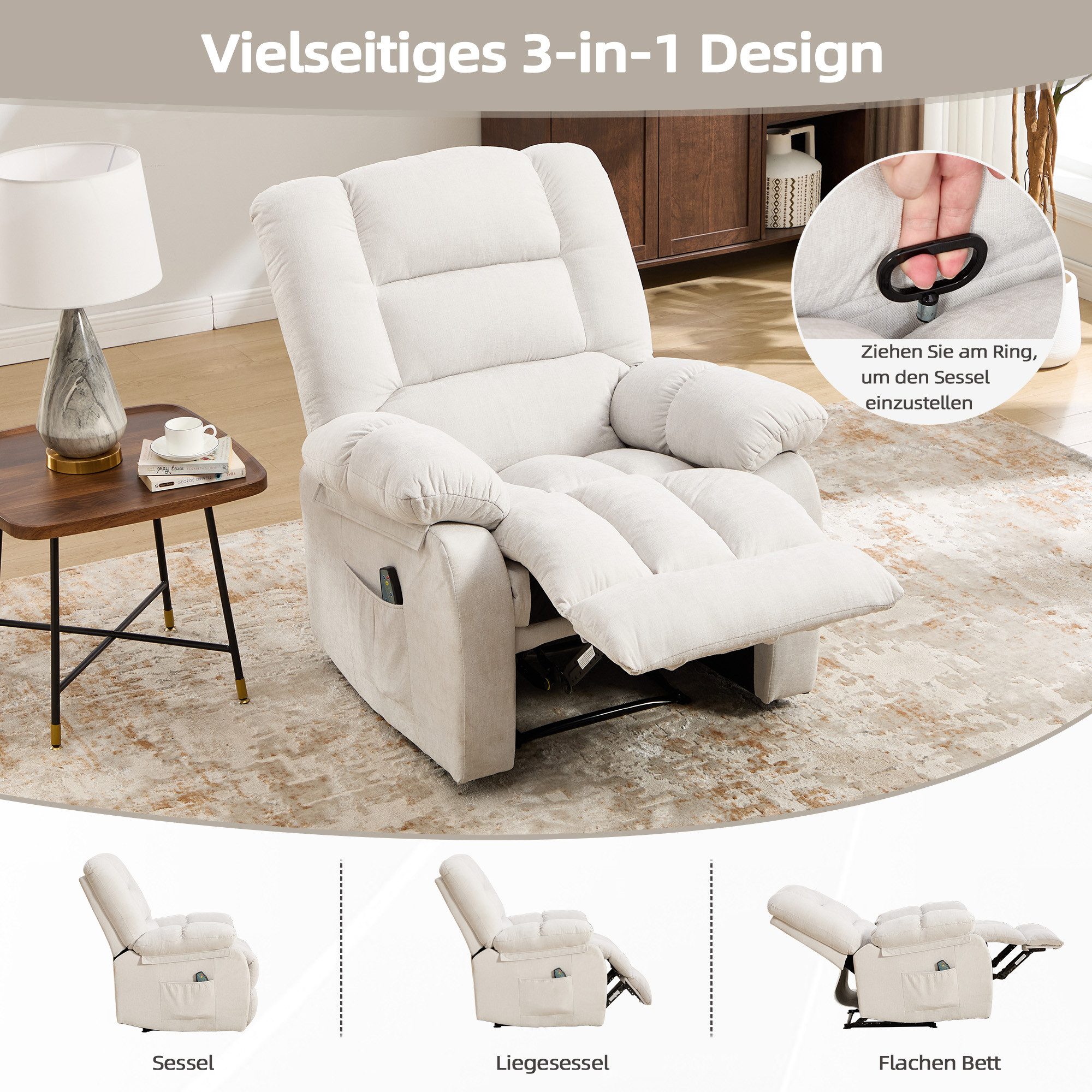 CANMOV Relaxsessel verstellbarer Massagesessel mit Liegefunktion und Wärmefunktion, Ergonomisch Lesesessel mit Seitentasche, 90°-160° – Bild 5 von 5