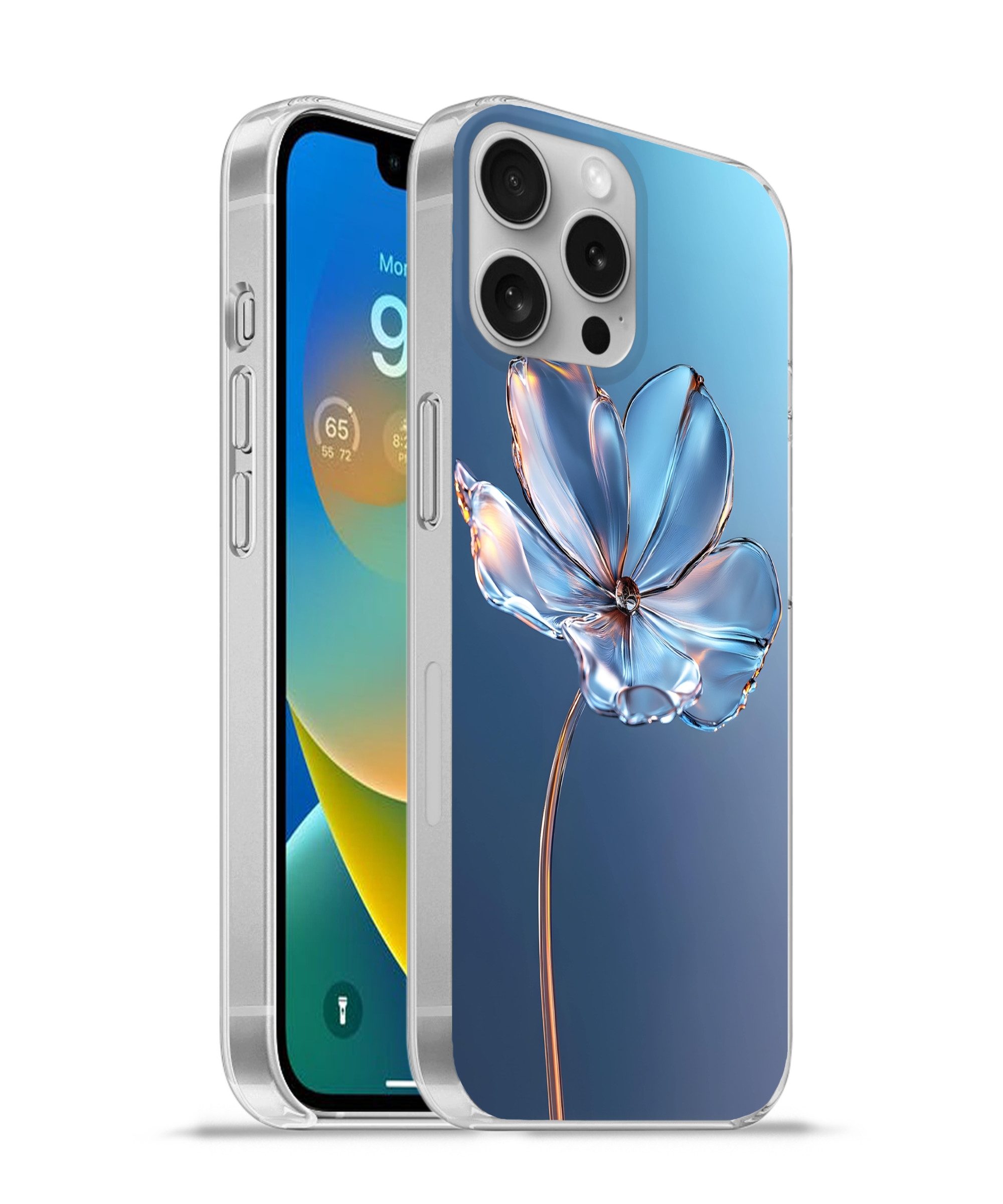MuchoWow Handyhülle für Apple iPhone 16 Pro Max Blau - Blume - Gläser - Verziert, Smartphone-Bumper, Print, Handy Schutzhülle Dünn