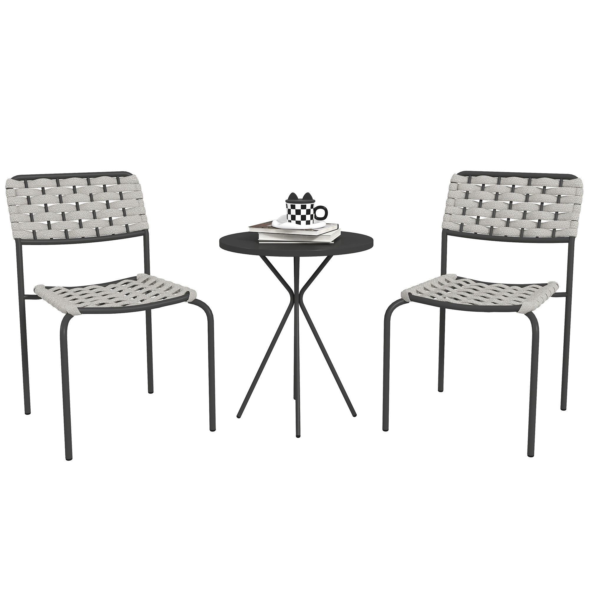 Outsunny Gartenlounge-Set 3-teilig, mit 2 Stapelbare Stühle, Tisch, (wetterfest Balkonmöbel für 2 Personen, 3-tlg., Polyrattan Gartenmöbel Set), für Garten, Terrasse Balkon, Grau