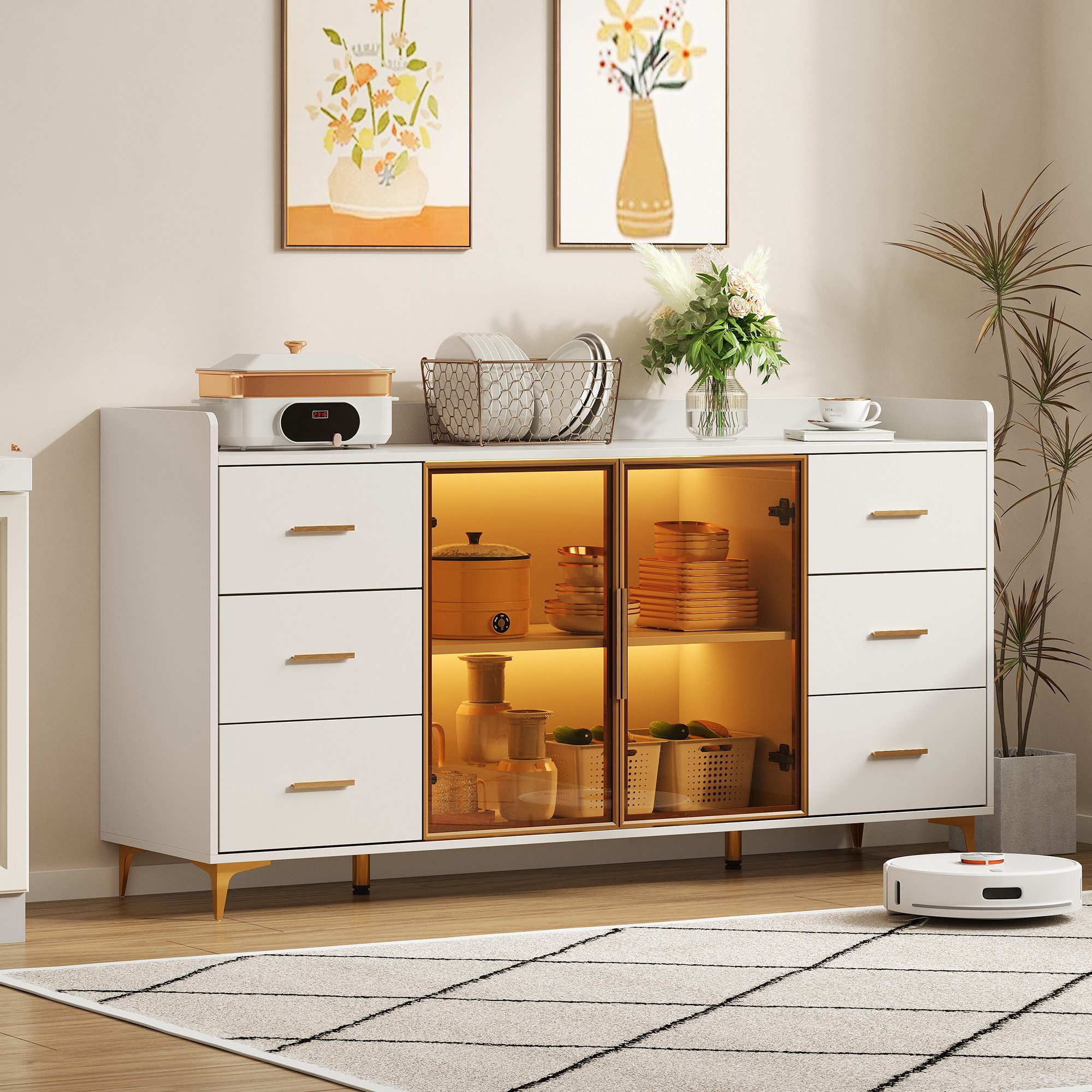 OKWISH Sideboard Küchenschrank mit Fernbedienbare LED-Beleuchtung günstig online kaufen