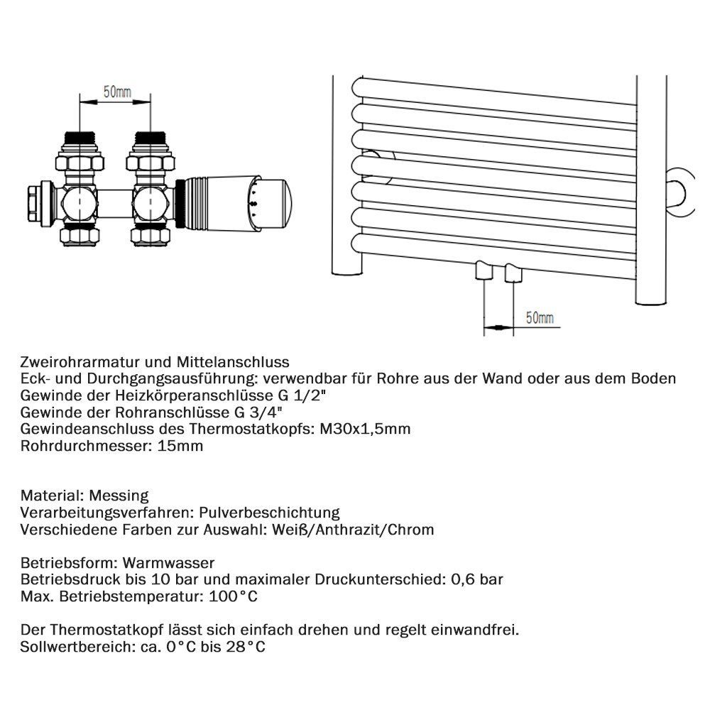 Eck- und (Anschlussarmatur XERSEK Handtuchtrockner mit Thermostat, Heizkörper Multiblock Heizungszubehör) Weiß Heizkörper Durchgangsform und Hahnblock Heizkörperthermostat für Ventil für