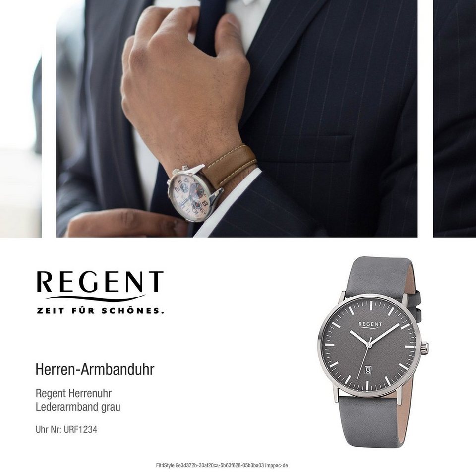 Regent Quarzuhr Regent Leder Herren Uhr F-1234 Analoge, Herrenuhr  Lederarmband grau, rundes Gehäuse, mittel (ca. 39mm)