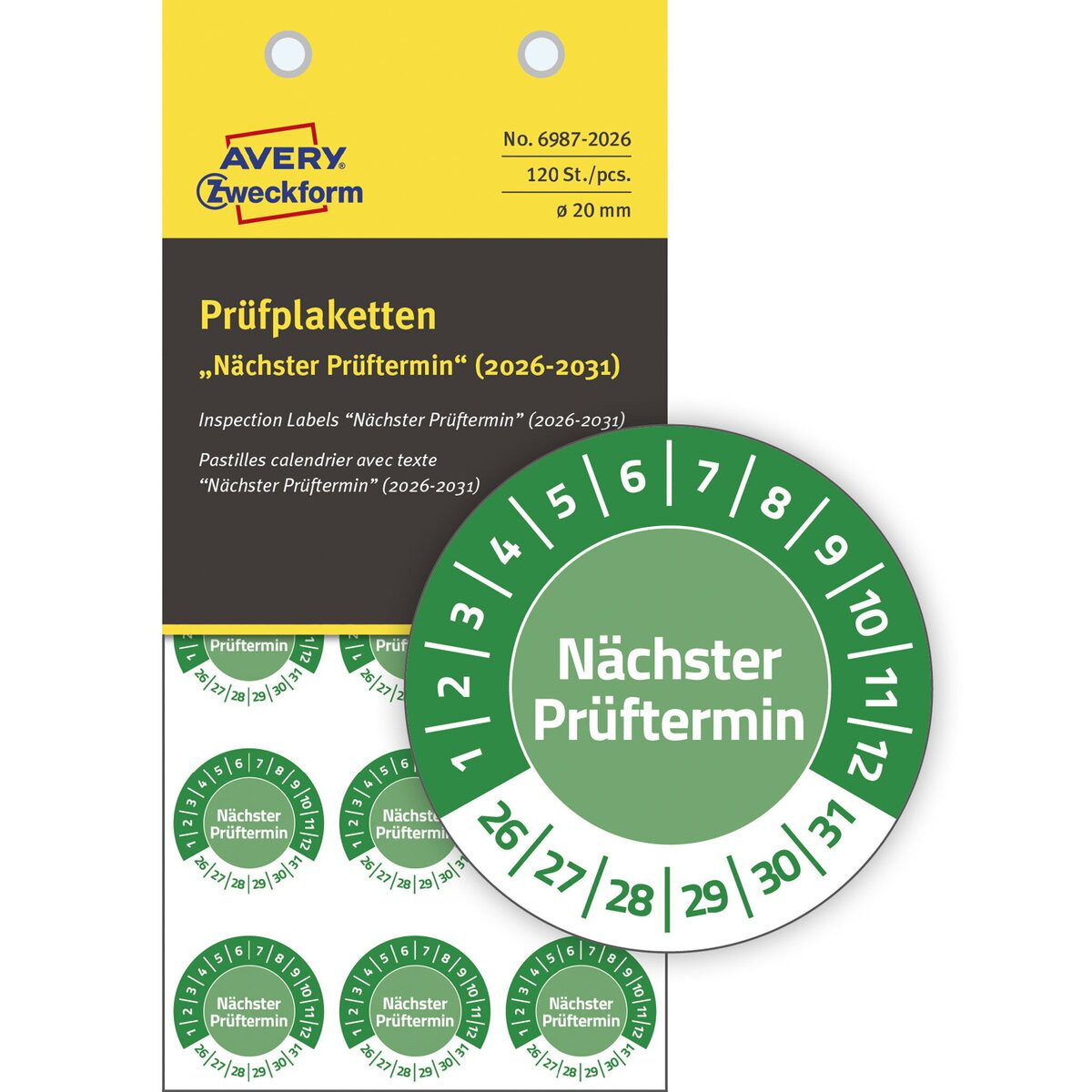 Avery Zweckform Etiketten Prüfplaketten Nächster Prüftermin 2026-2031 Vinyl 20mm 120 Stück