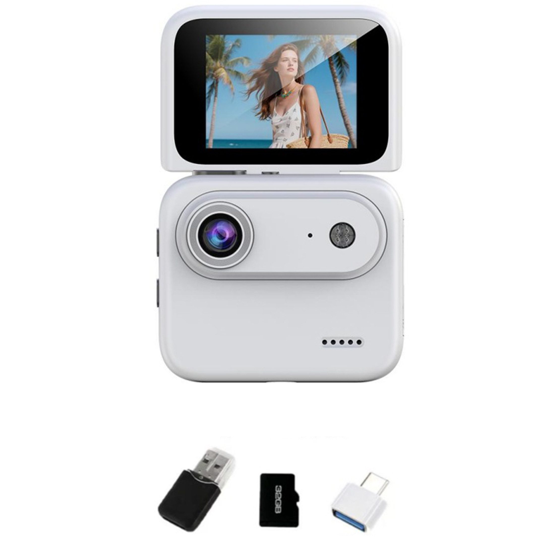 KINSI Action-Kamera 4K,Mini Sportkamera mit 2,0" Flip-Display,mit 32GB Kompaktkamera (143° Weitwinkel, Stabilisierung)