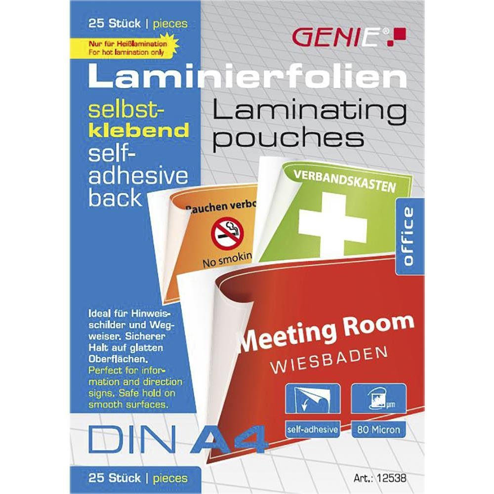 GENIE Prospekthülle Laminierfolie DIN A4 25er Pack - 12538, 25 Stück A4 Laminierfolien, 80 Mikron, selbstklebend, Heiß Folien, Laminiertaschen, 25er Pack