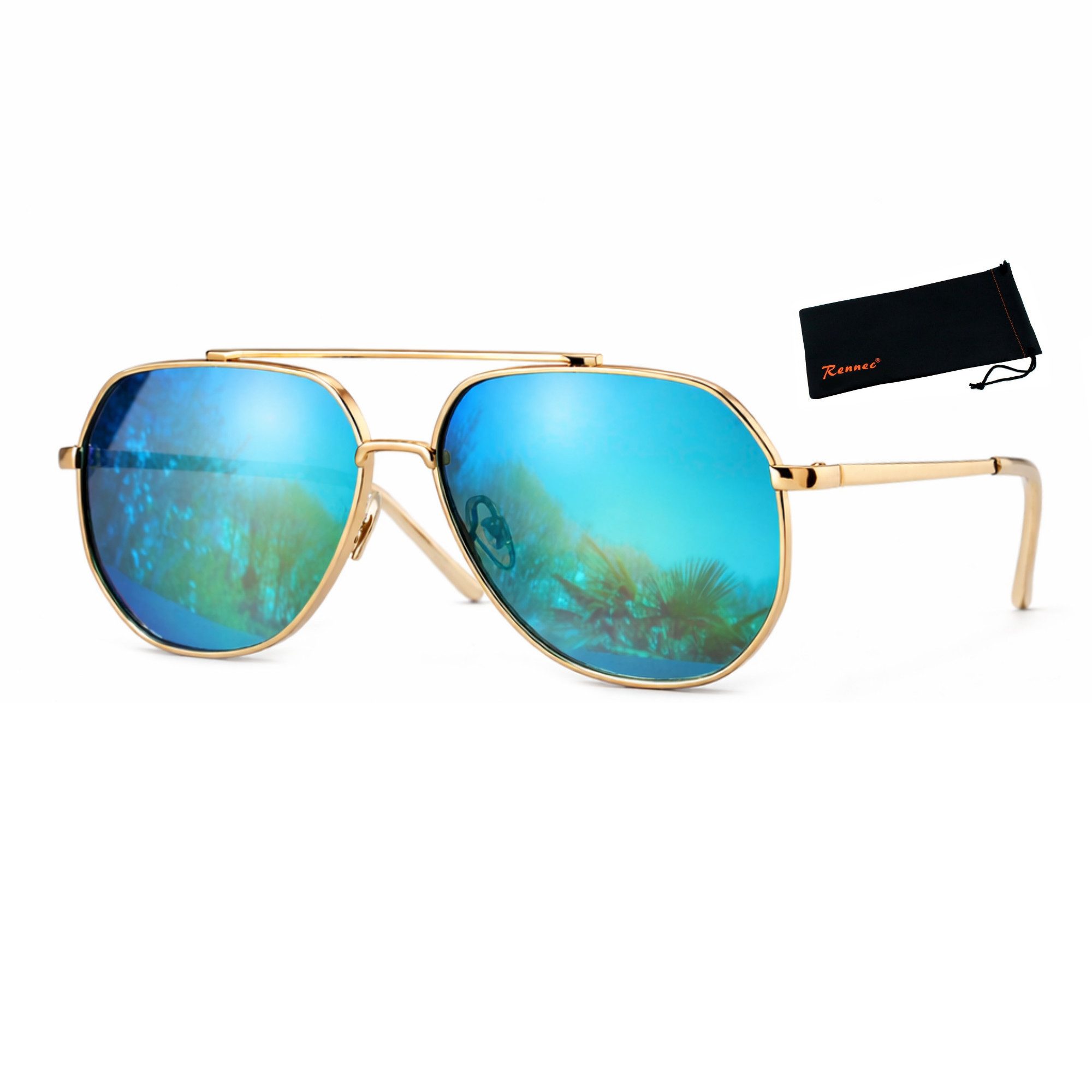 Rennec Sonnenbrille (Eckige Piloten Sonnenbrille Damen Herren XL Groß Metall Gestell, Edelstahl Pilotenbrille Oversize Gold Unisex mit Brillenbeutel) Flachglas Gläser in Grün Blau Verspiegelt