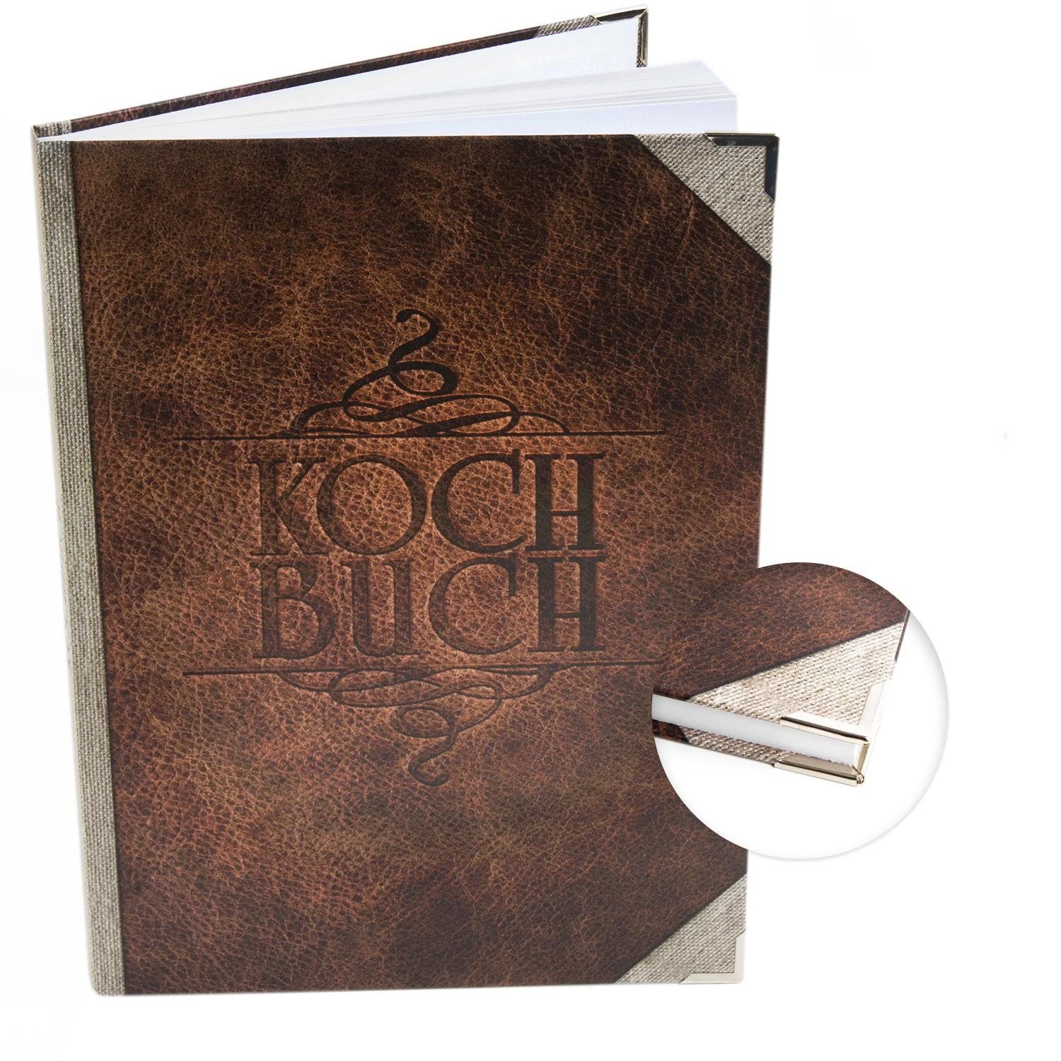 Logbuch-Verlag Notizbuch Rezeptbuch leer Lederoptik mit A4 DIN Metallecken