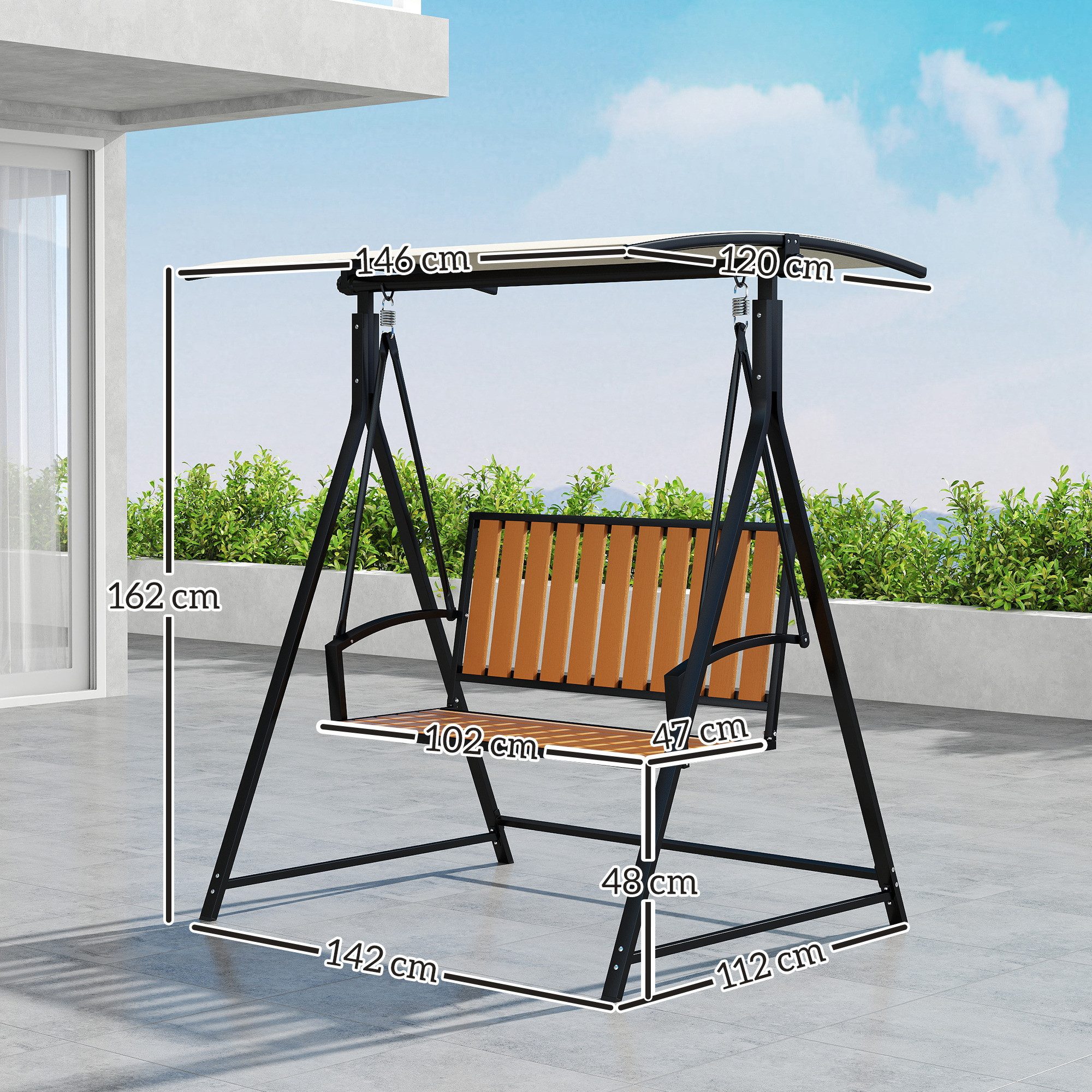 Outsunny Hollywoodschaukel mit verstellbarem Sonnendach, 2-Sitzer, Schaukelfunktion, 2-Sitzer Gartenschaukel, 1 tlg., wetterfest Schaukelbank, für Garten, Terrasse, 142 x 112 x 162cm, Schwarz