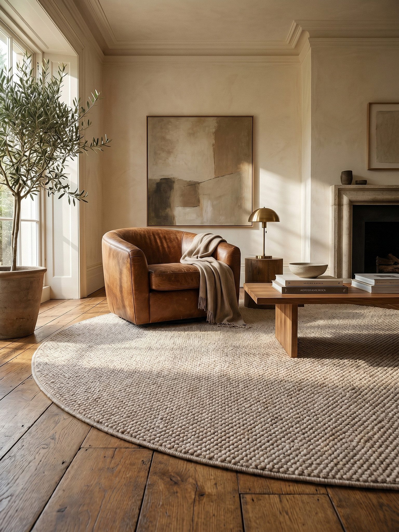 KADIMA DESIGN Teppich LANGAU Flachgewebe Kurzflor Berber Uni Meliert Wohnzimmer Pflegeleicht, Rund, Höhe: 7 mm, Beige, 80x80 cm, Wohnzimmerteppich Strapazierfähig Waschbar