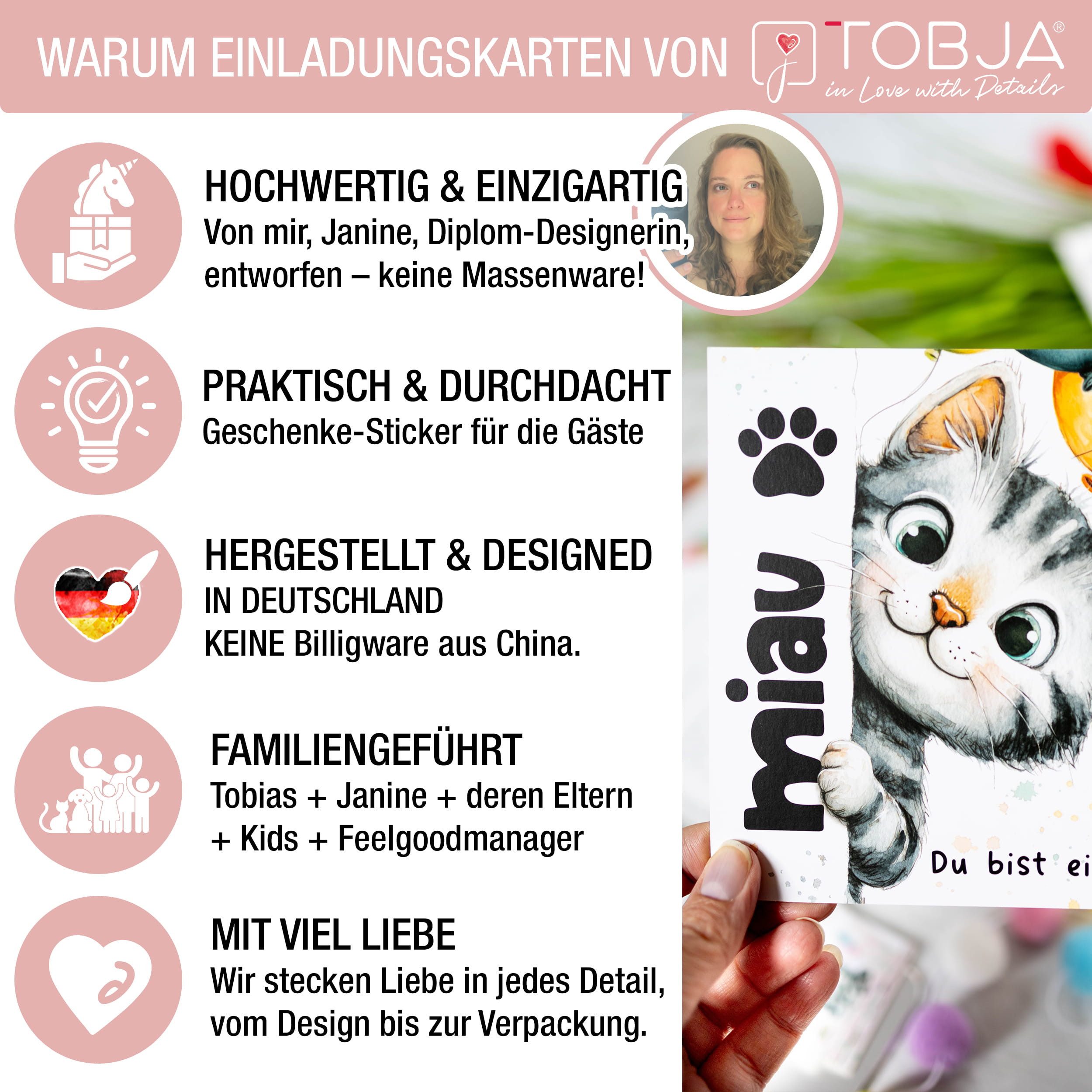 TOBJA Einladungskarten XXL Einladungskarten Katze 10er Set 14,8cm inkl Sticker, Kindergeburtstag Mädchen Geburtstag Einladung Kinder