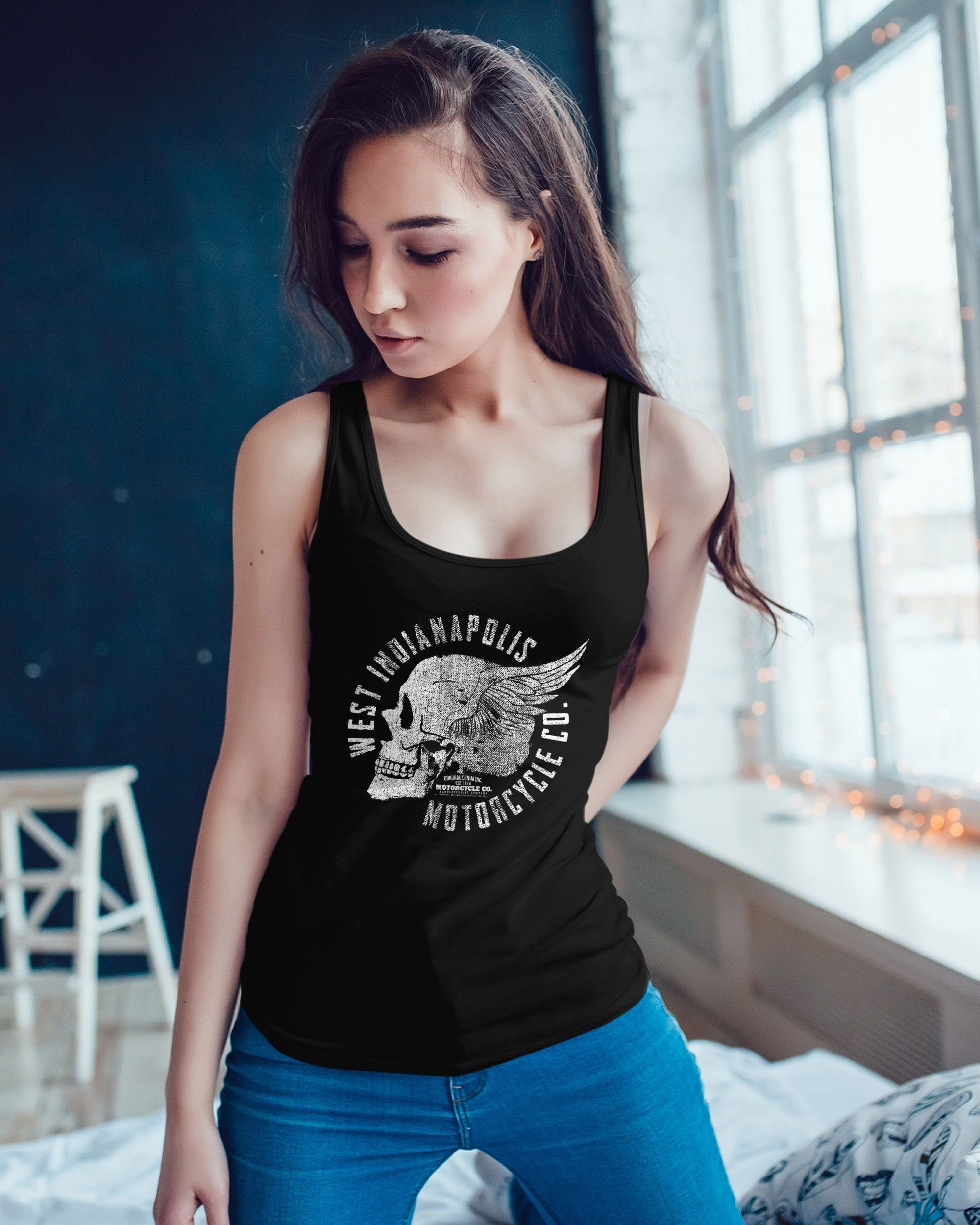 Neverless Tanktop Damen Tank Top Motorrad Biker Totenkopf Skull Wings Vintage Racerback