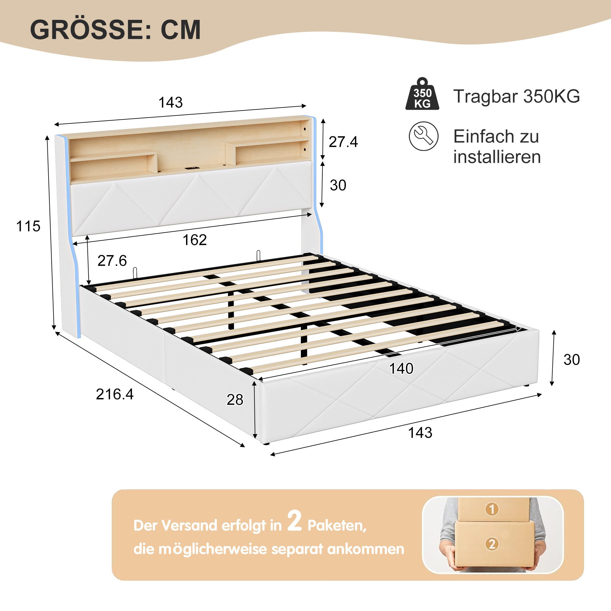 Gdood Polsterbett Stauraumbett Doppelbett LED (1 tlg., Hydraulisch hebbarem Stauraum), Mit LED-Licht, Nachttisch, Ladefunktion, Lattenrost, PU, 140x200 cm