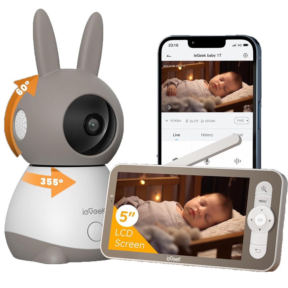 ieGeek Babyphone 5 Zoll WLAN Video babyfone PTZ 355° Babyphone mit Kamera 2K/3MP, IR-Nachtsicht, Automatische Verfolgung,Temperaturanzeige, 1-tlg., Weinen/Bewegungs/Geräuscherkennung,unterstützt Mobile App Steuerung, Präzisere Warnungen,Schlafmodus&Schreierkenn,Gefahrenbereichserkennung