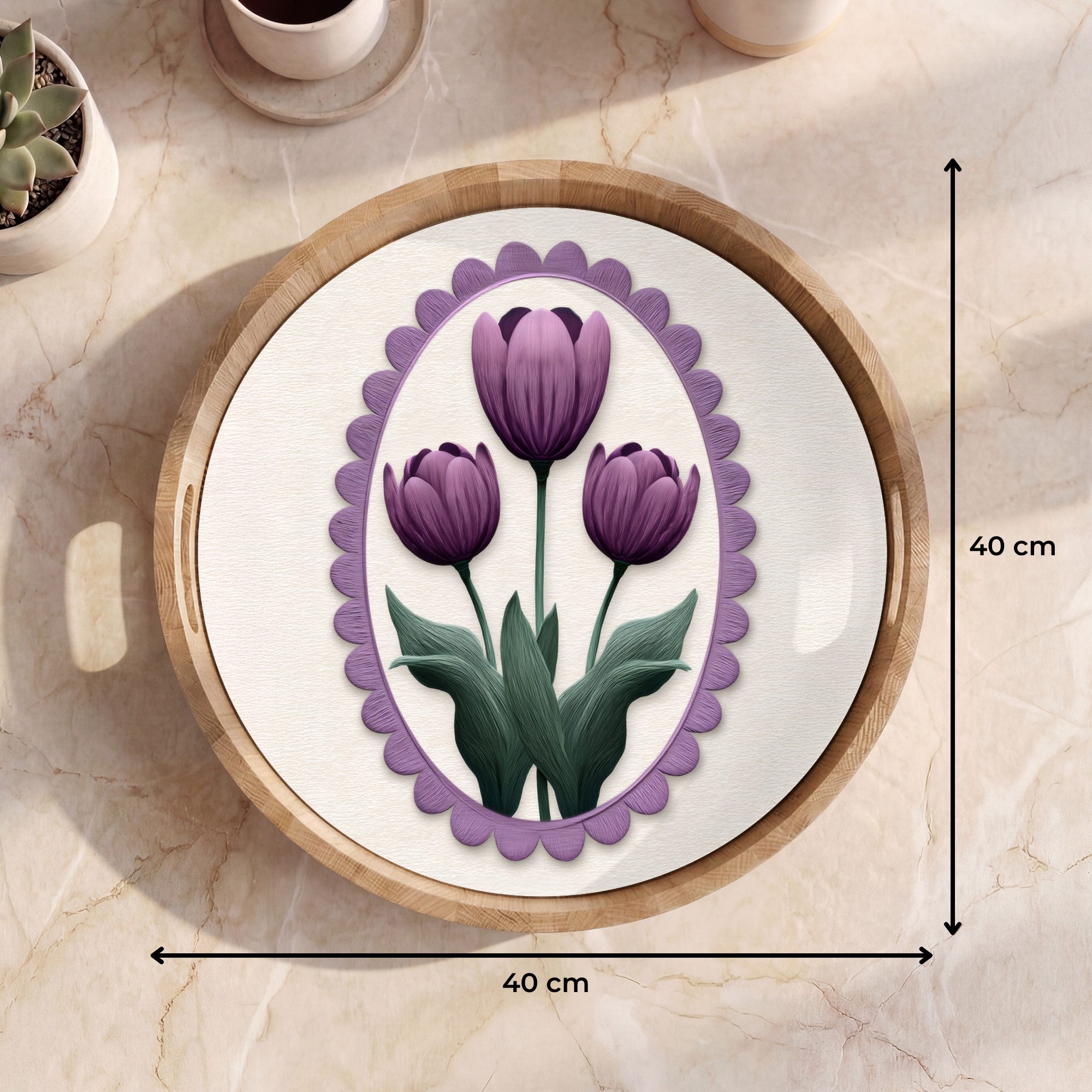 OnlyWow Tablett Rund mit Henkel Tulpen - Lila - Liste - Blätter, Eichenholz, (1-tlg), Siervierplatte, Tray, Frühstücksbrett