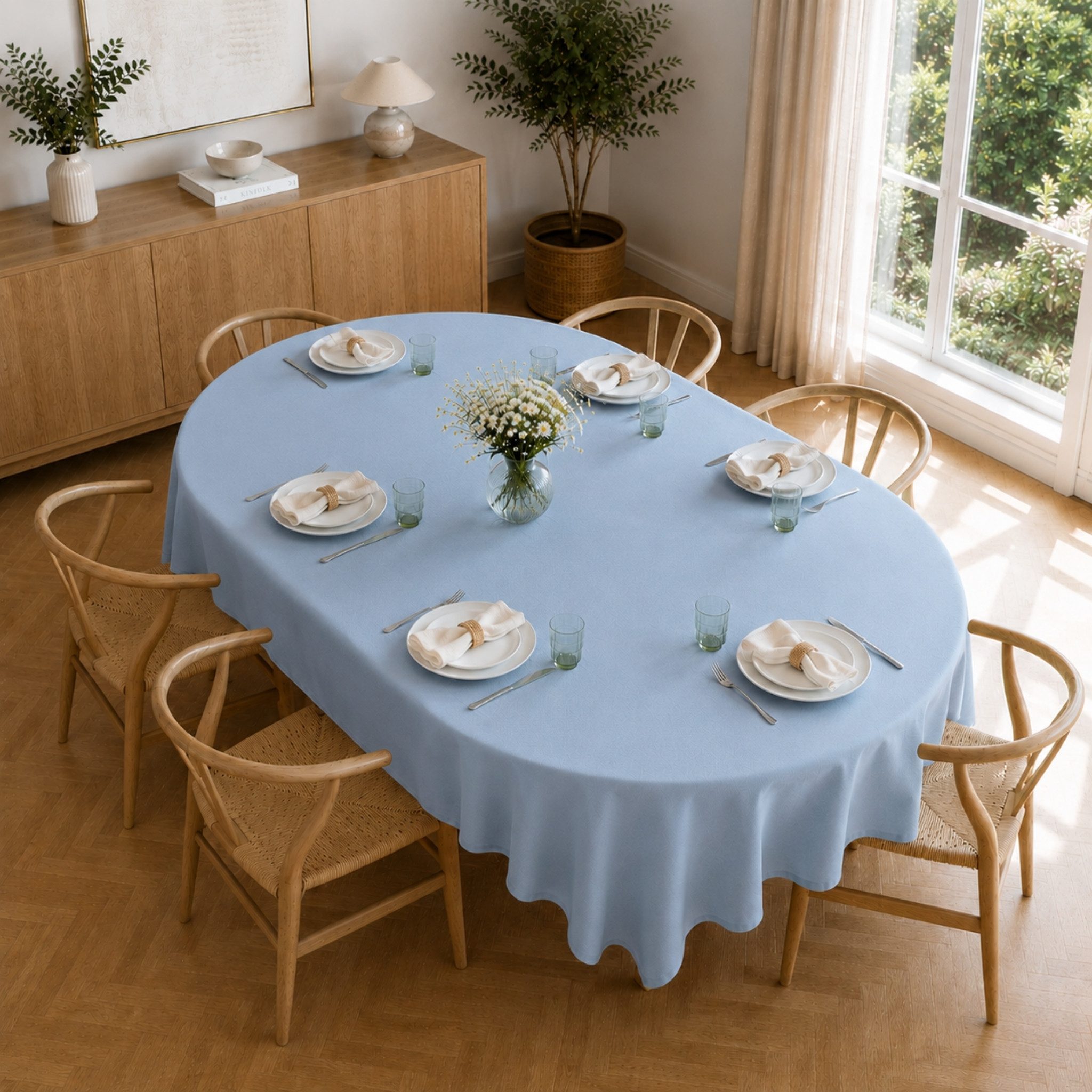 matches21 HOME & HOBBY Tischdecke Tischdecke 160 x 220 cm oval für Küche & Esstisch in Blaugrau (1-tlg), Waschbares Tischtuch mit Lotuseffekt