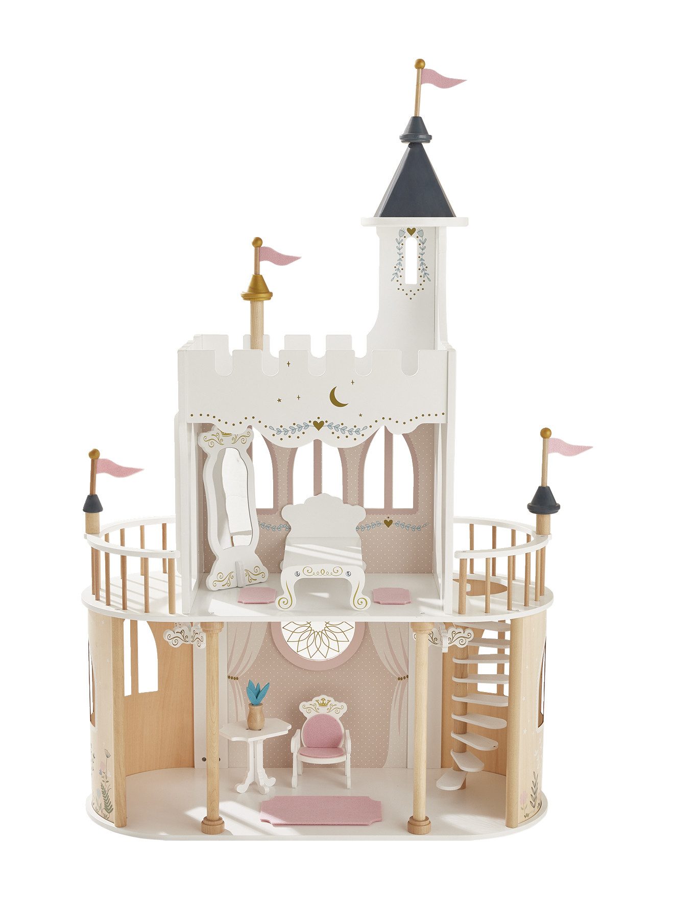 vertbaudet Puppen Accessoires-Set Puppenschloss, Holz FSC®, 3 Spielebenen, inkl. Zubehör