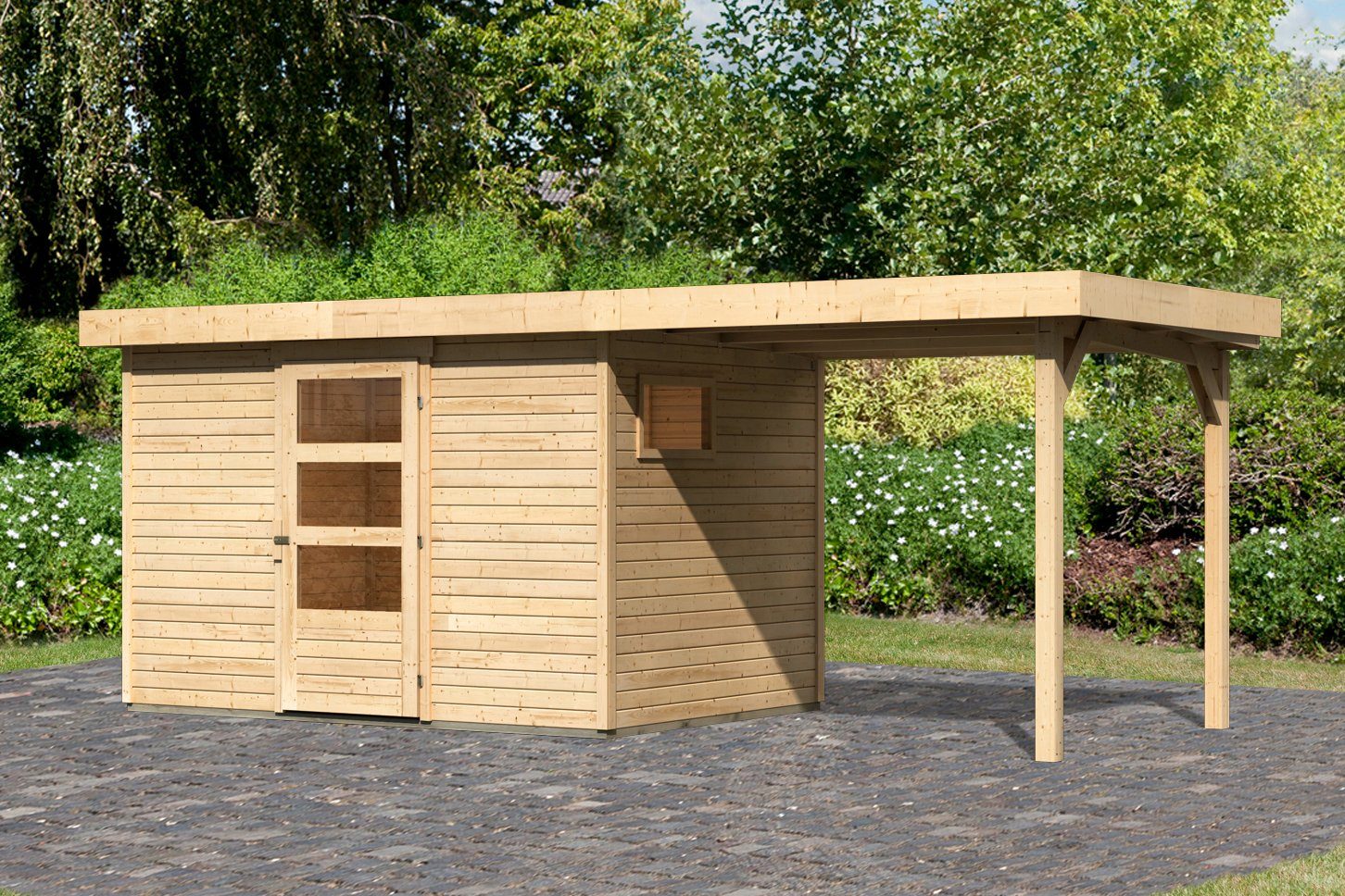 KONIFERA Gartenhaus, BxT: 330x238 cm, (Set), mit Anbaudach, Bestehend aus  nordischer Fichte