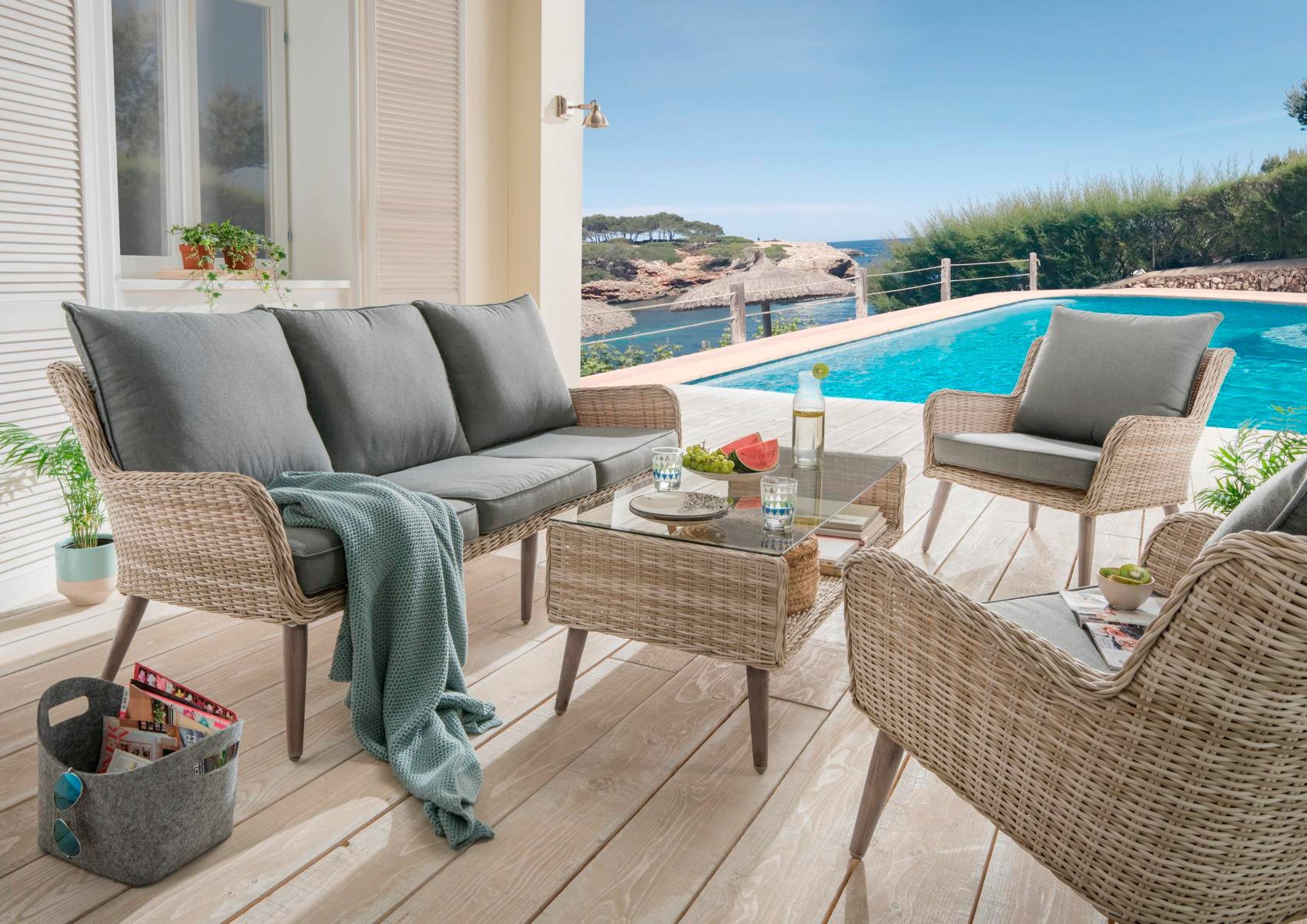 Loungeset »Cortez«, 14-tlg., 3er-Sofa, 2 Sessel, Tisch, Polyrattan, beige Loungeset »Cortez«, 14-tlg., 3er-Sofa, 2 Sessel, Tisch, Polyrattan, beige