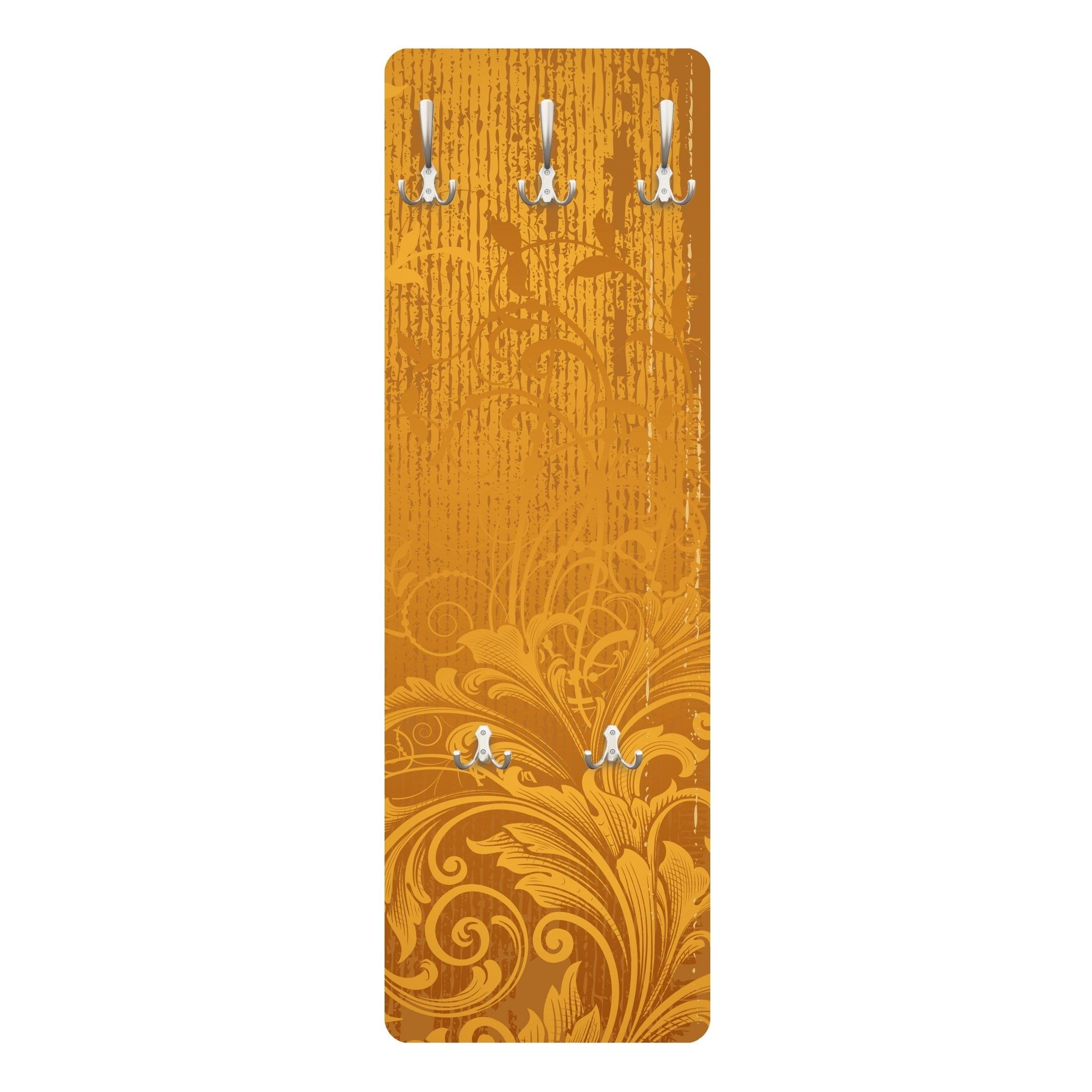 Bilderdepot24 Garderobenpaneel gold Kunst Muster Goldene Flora Design (ausgefallenes Flur Wandpaneel mit Garderobenhaken Kleiderhaken hängend), moderne Wandgarderobe - Flurgarderobe im schmalen Hakenpaneel Design
