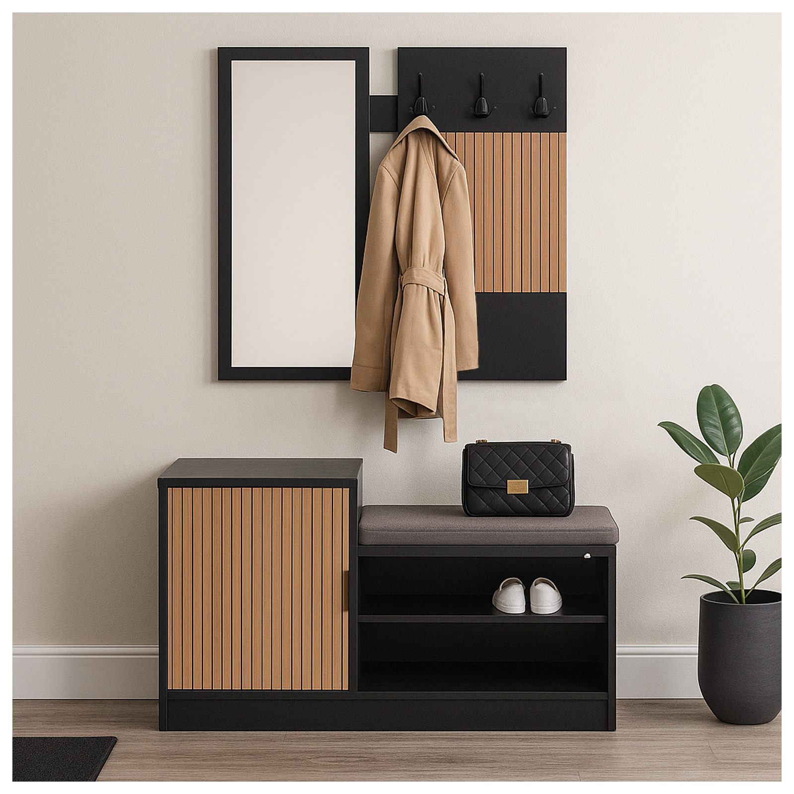 HTI-Living Garderobe Garderobenpaneel mit Spiegel und Schuhbank (Stück, 2 St., 1 Garderobenpaneel mit Spiegel, 1 Schuhbank), Set Wandgarderobe und Schuhregal mit Sitzkissen