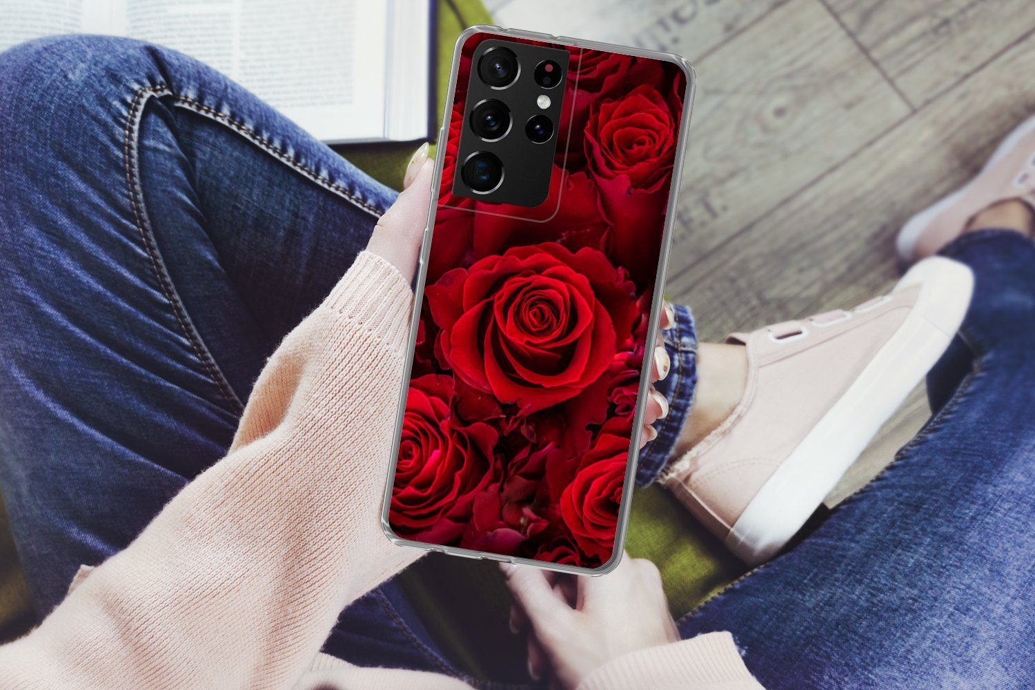 MuchoWow Handyhülle für Samsung Galaxy S21 Ultra Blumen - Rosen - Rot, Phone Case, Silikon, Schutzhülle Dünn