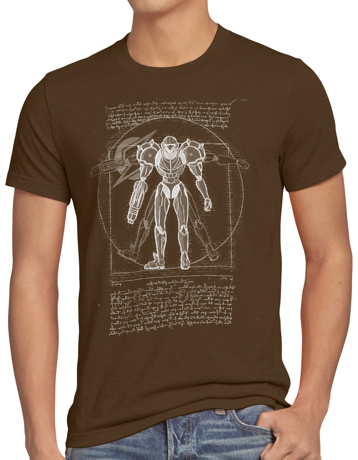 style3 Print-Shirt Herren T-Shirt Vitruvianische Samus Return metroid nerd gamer nes snes braun