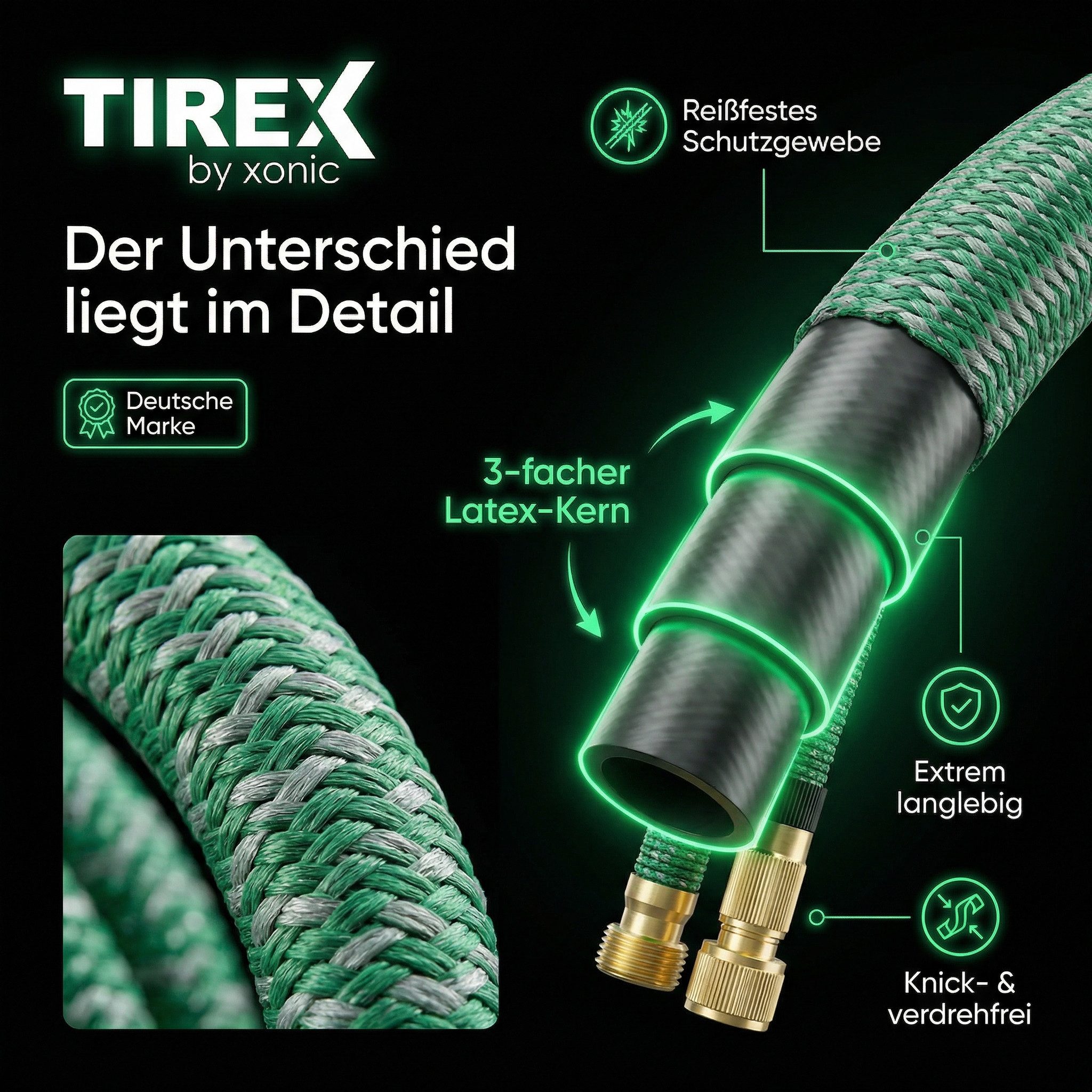 Xonic Gartenschlauch TIREX by xonic® Flexibler Gartenschlauch 3x Latexkern