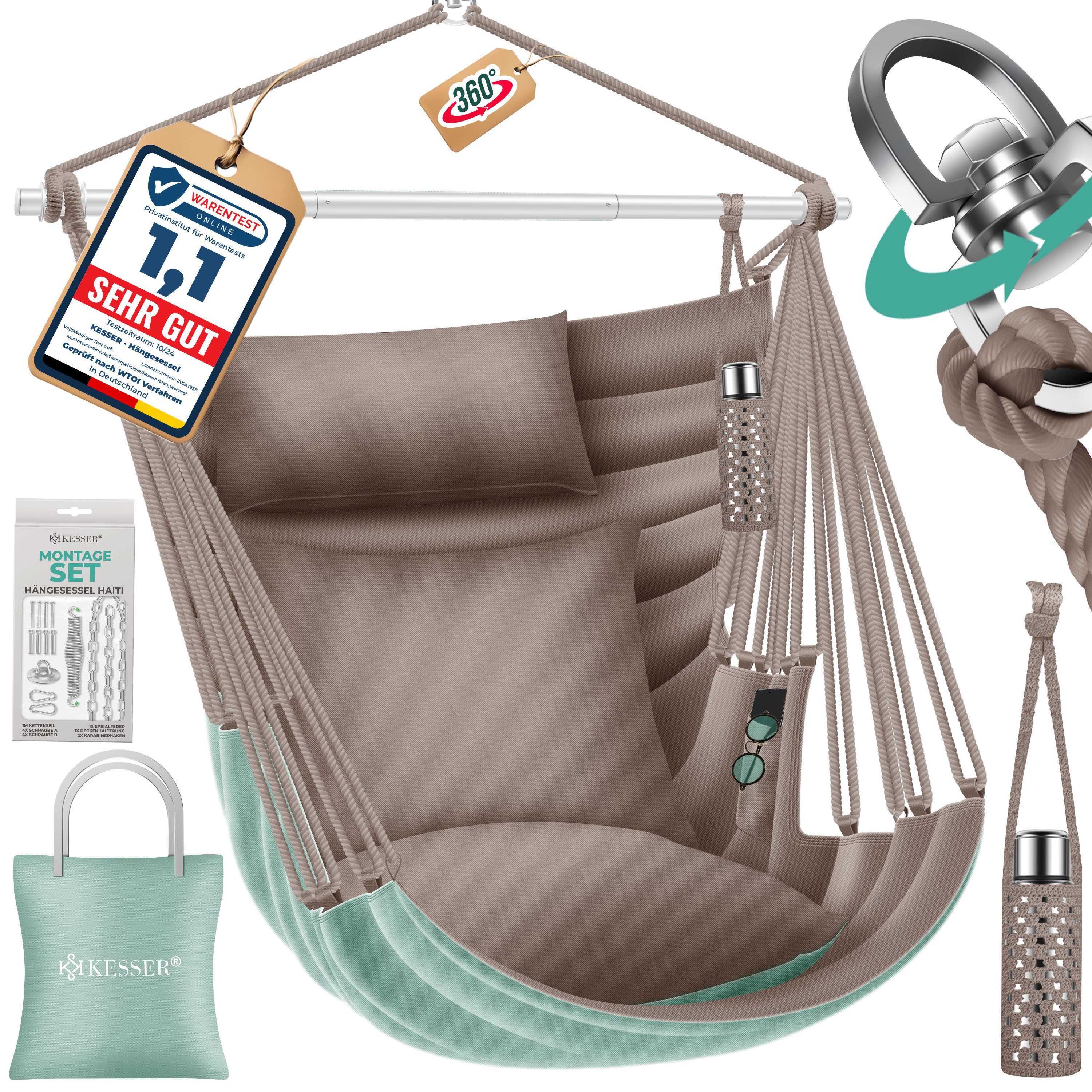 KESSER Hängesessel Haiti 150kg Traglast, Indoor & Outdoor Hängestuhl (Hängeschaukel mit 2 Kissen, Tragetasche, Flaschenhalter & Montage-Set), 360° Hängematte Pflegeleicht, UV-beständig & Wasserfest