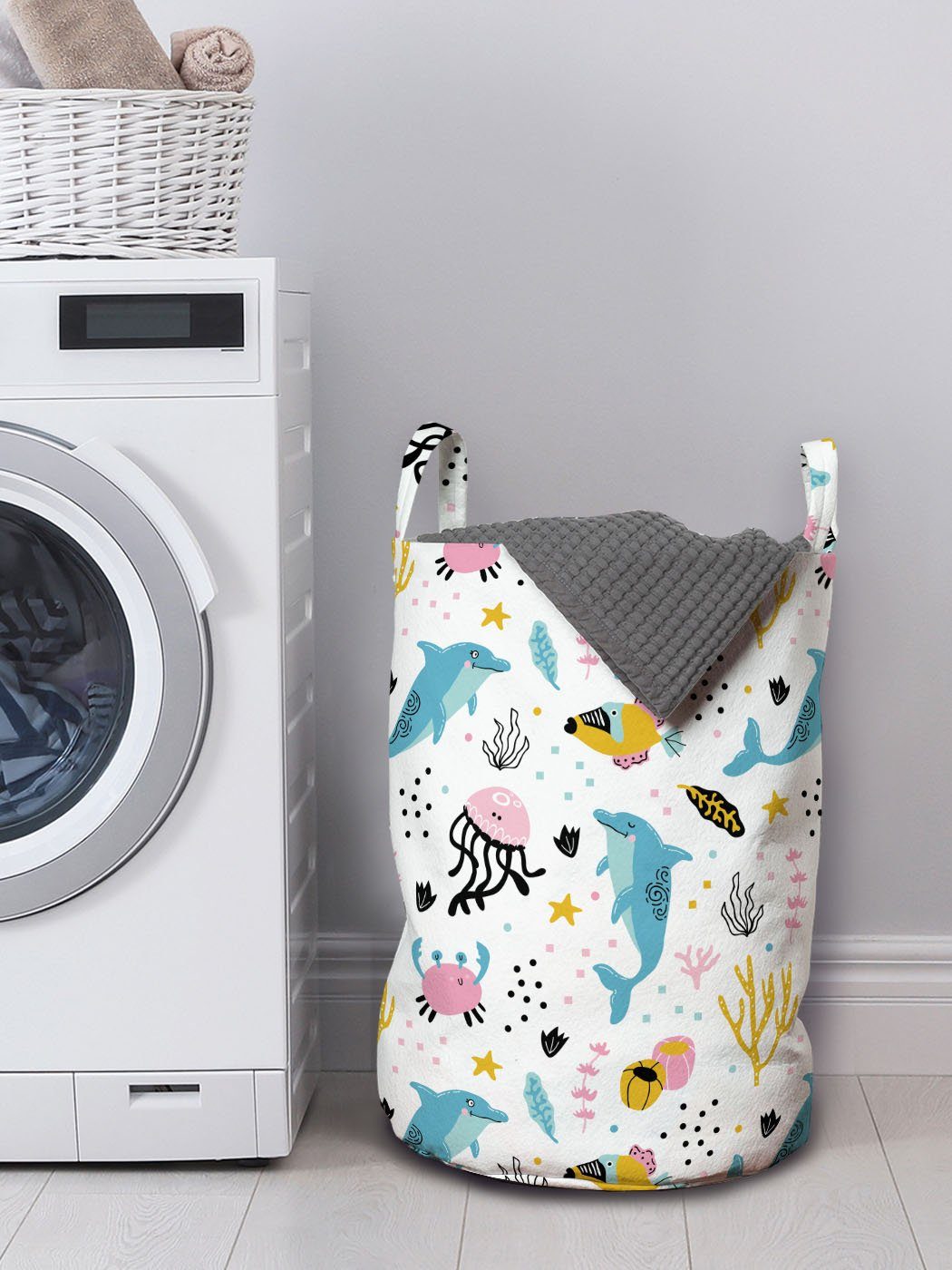 Abakuhaus Wäschesäckchen Wäschekorb mit Nautisch Kordelzugverschluss Waschsalons, für Griffen Glückliches Unterwasserleben