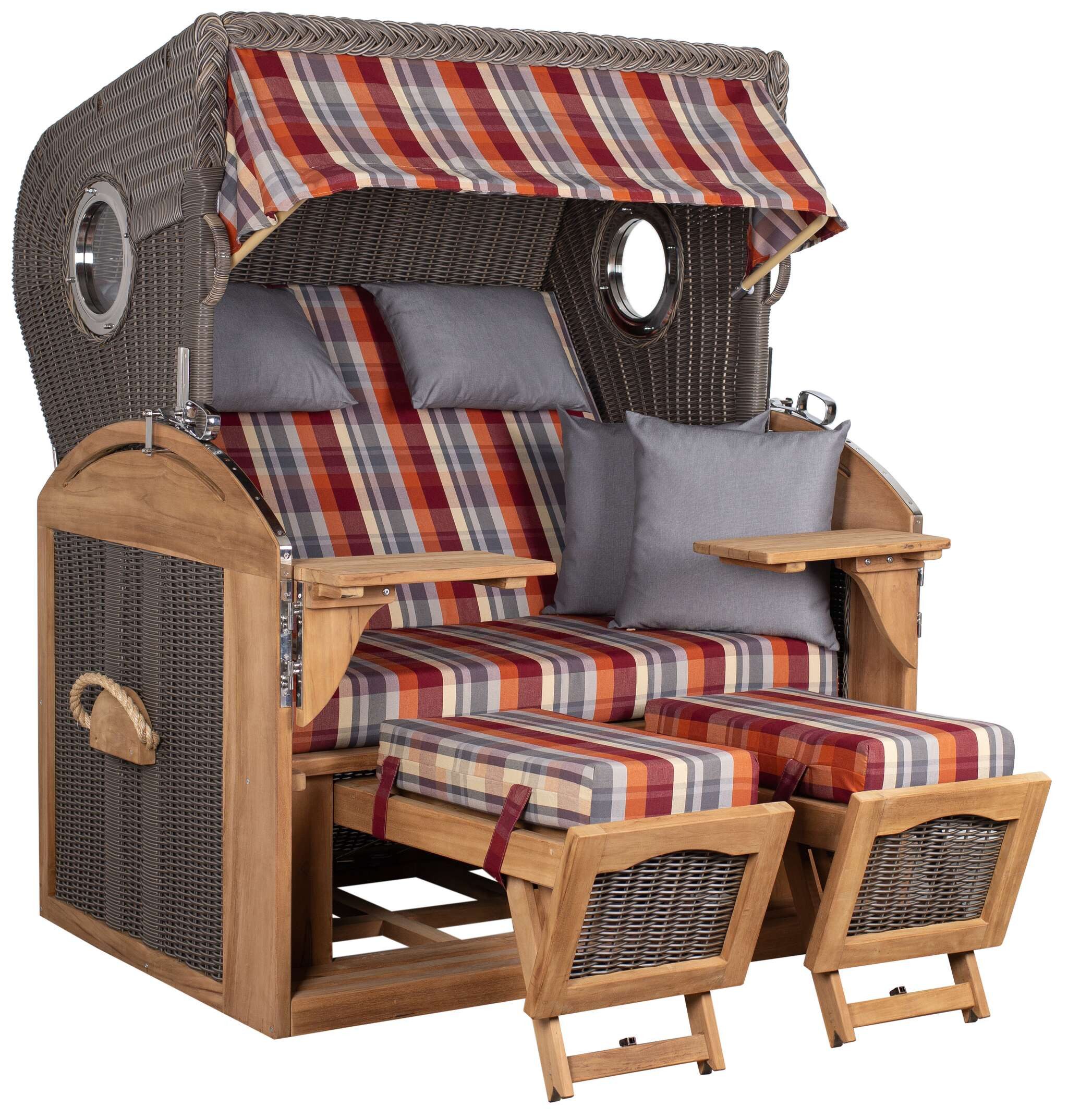 MR.DEKO Strandkorb XL Schillig Volllieger Teak PE Grey 2,5-Sitzer Bullauge, BxTxH: 142x95x170 cm, Vollieger, Schillig XL, (bereits montiert, ideal für Garten, Terasse und großen Balkon, 1-tlg), 2,5 Sitzer Strandkorb XL, Vollieger verstellbar