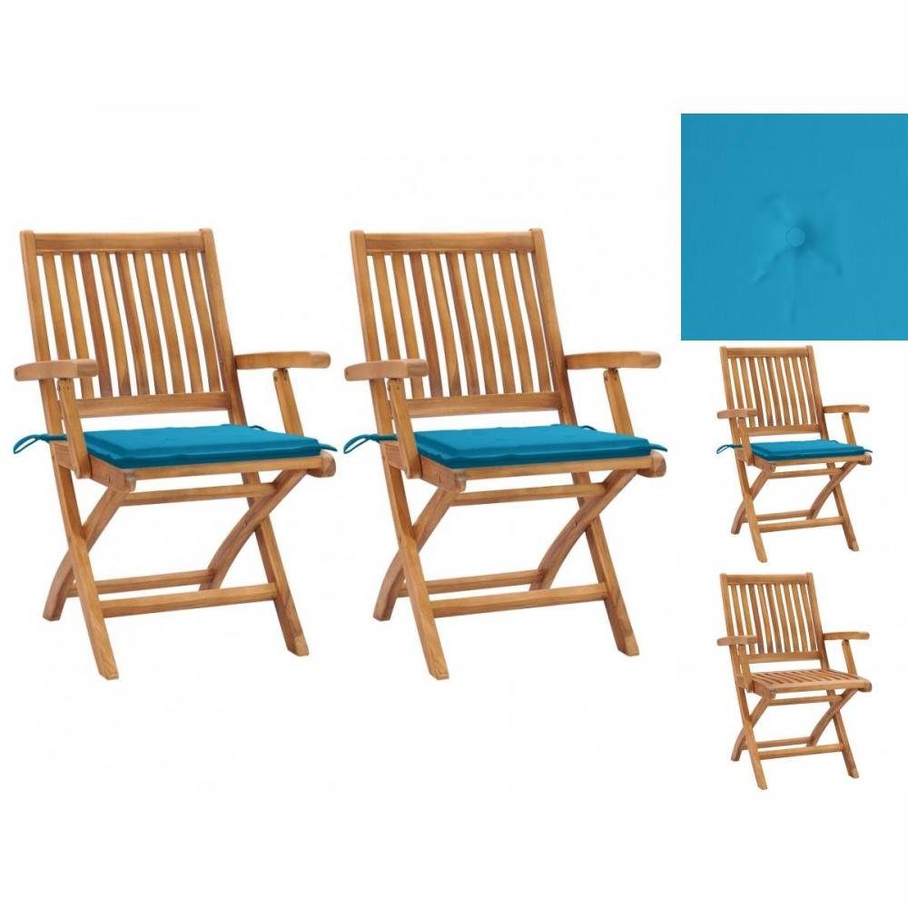 vidaXL Gartenstuhl Gartenstühle 2 Stk mit Blauen Kissen Teak Massivholz Holz
