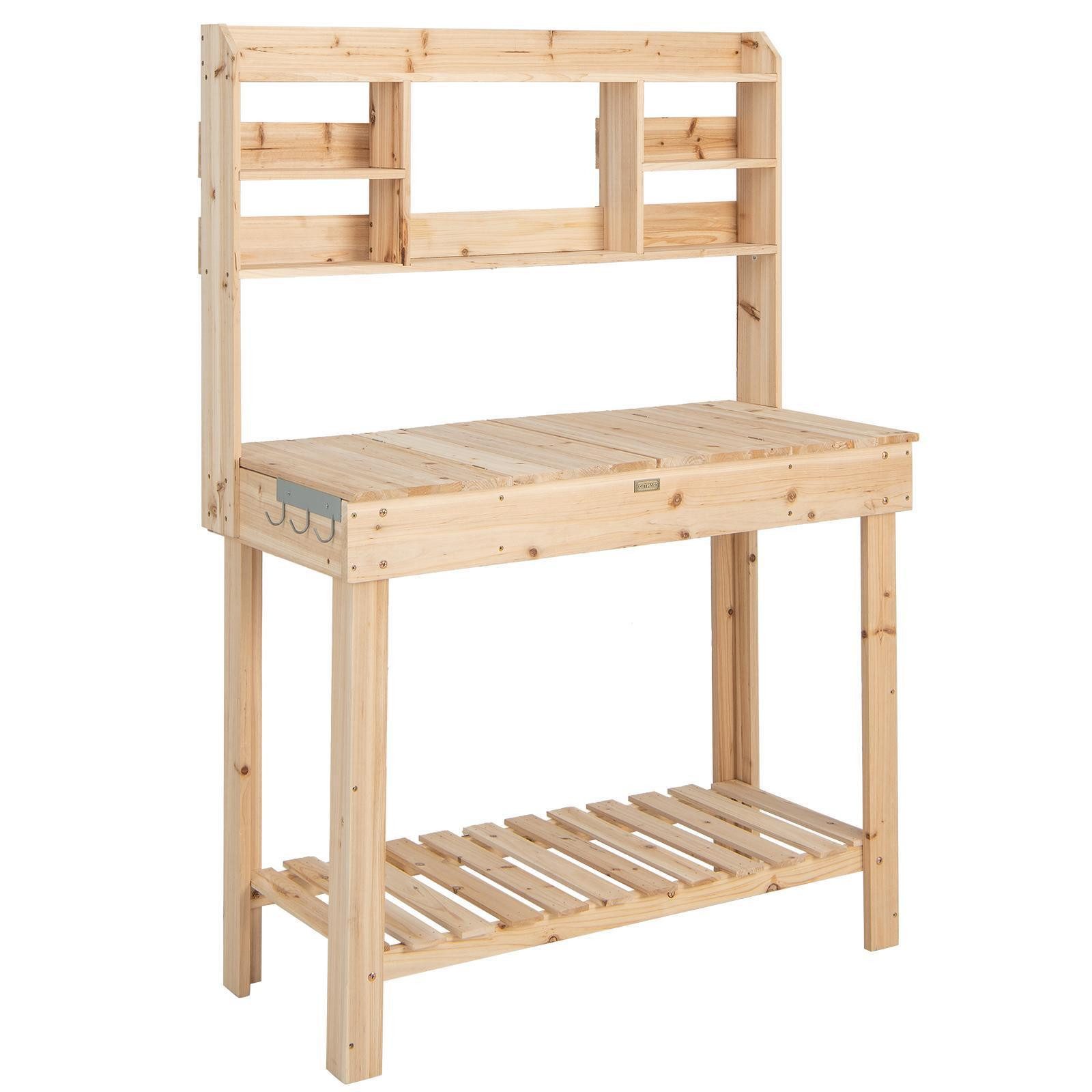 KOMFOTTEU Pflanztisch aus Holz, mit klappbarer Tischplatte, mit Ablagen & Haken, 110 x 50 x 153 cm
