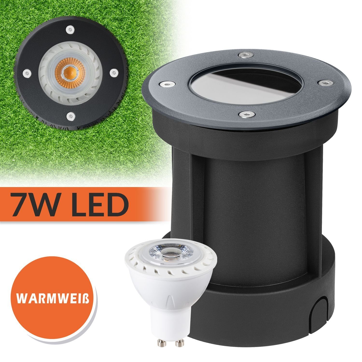 LEDANDO LED Einbaustrahler 7W LED Bodeneinbaustrahler Set Anthrazit / Grau RAL7016 - rund – Außen