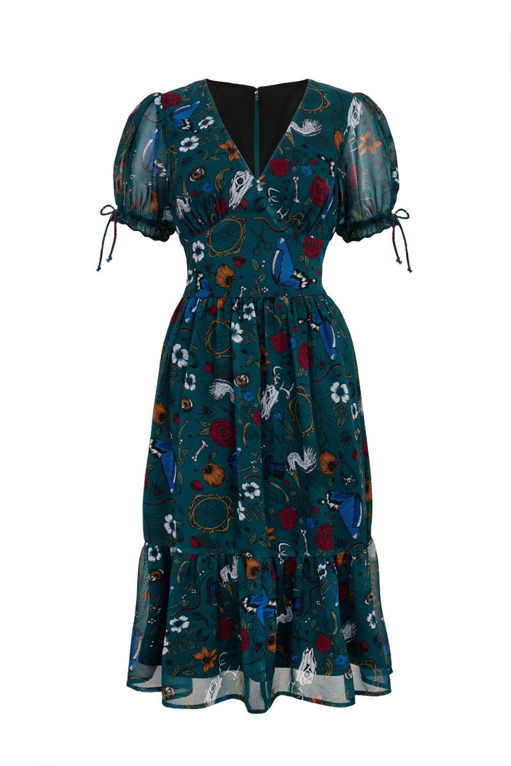 Hell Bunny A-Linien-Kleid Sianna Midi Dress Teal Vintage Retro Blumen Druck