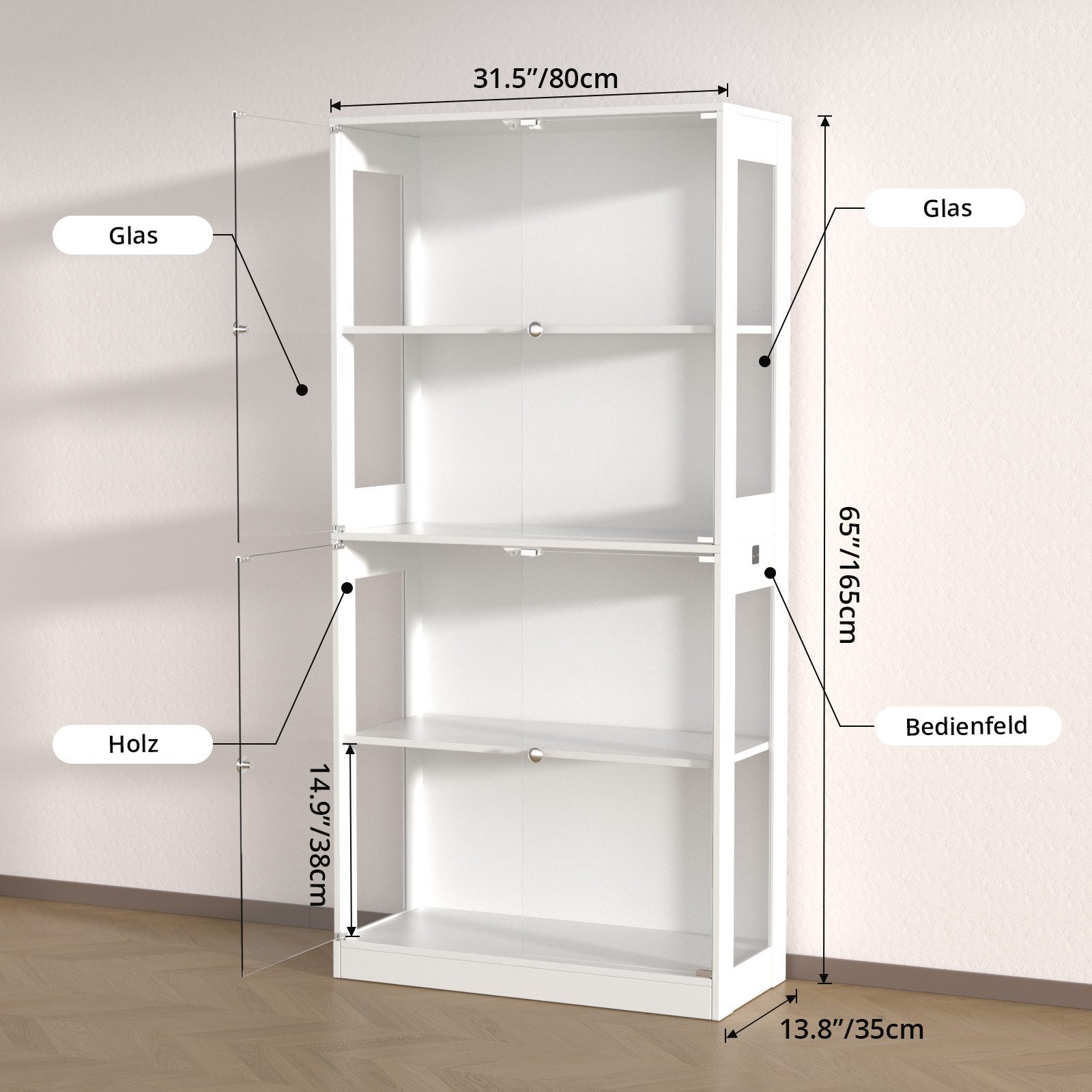 VOWNER Glasvitrine mit 3-Farben-LED-Beleuchtung, Vitrine für Spielzeug/Bücher/Deko (1-St) 360°-Sicht, Explosionssichere Tür, 4 Regale, 80x165x35 cm