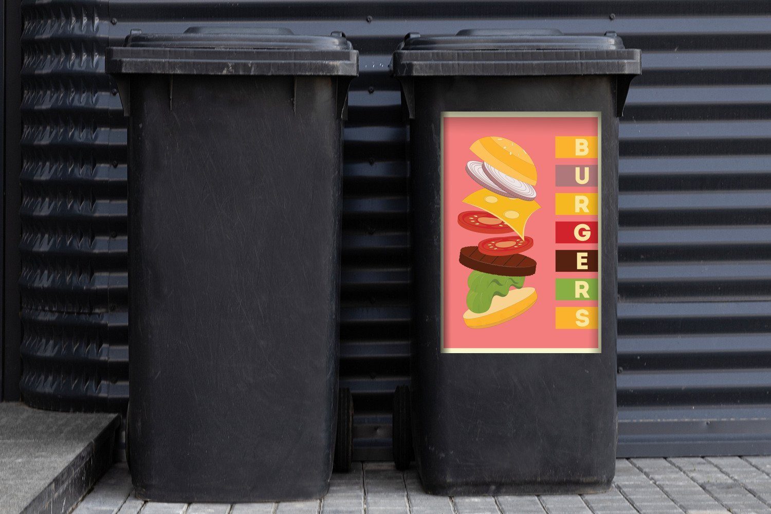 Burger - St), Abfalbehälter - Farbenfroh - Mülleimer-aufkleber, Mülltonne, Wandsticker Container, MuchoWow Mannshöhle Sticker, (1 Schnellimbiss