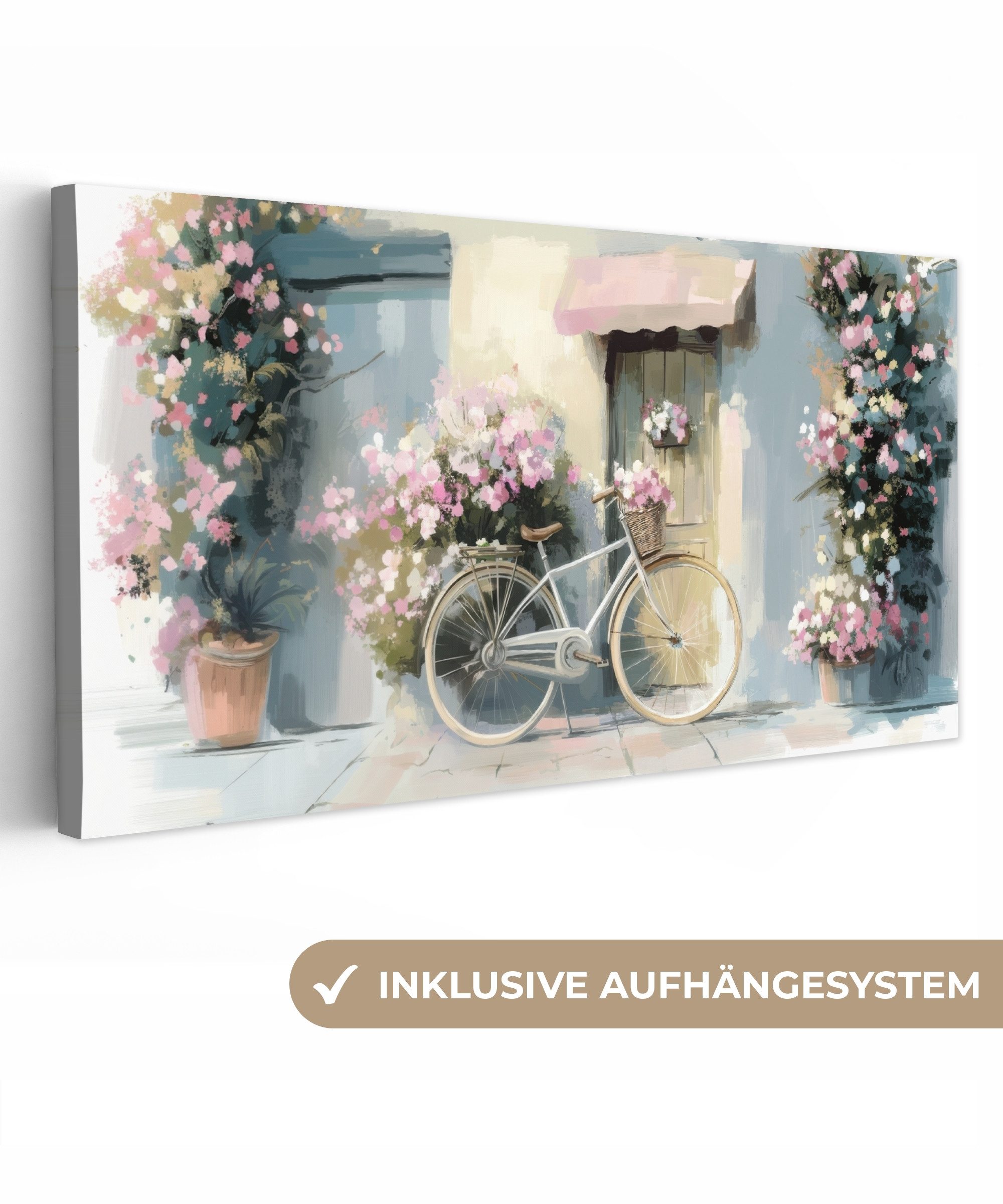 OneMillionCanvasses® Leinwandbild Panorama Fahrrad - Pastellfarben günstig online kaufen