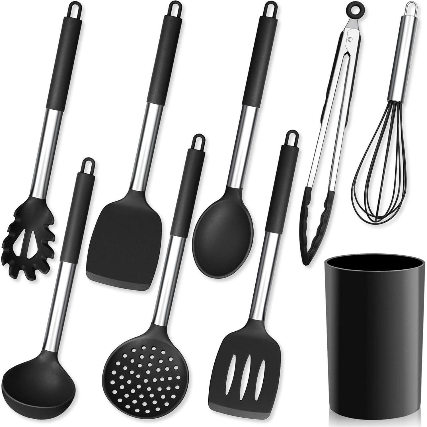 Kochbesteck-Set Küchenhelfer 9er Set Silikon Pfannenwender Edelstahlgriff Schwarz