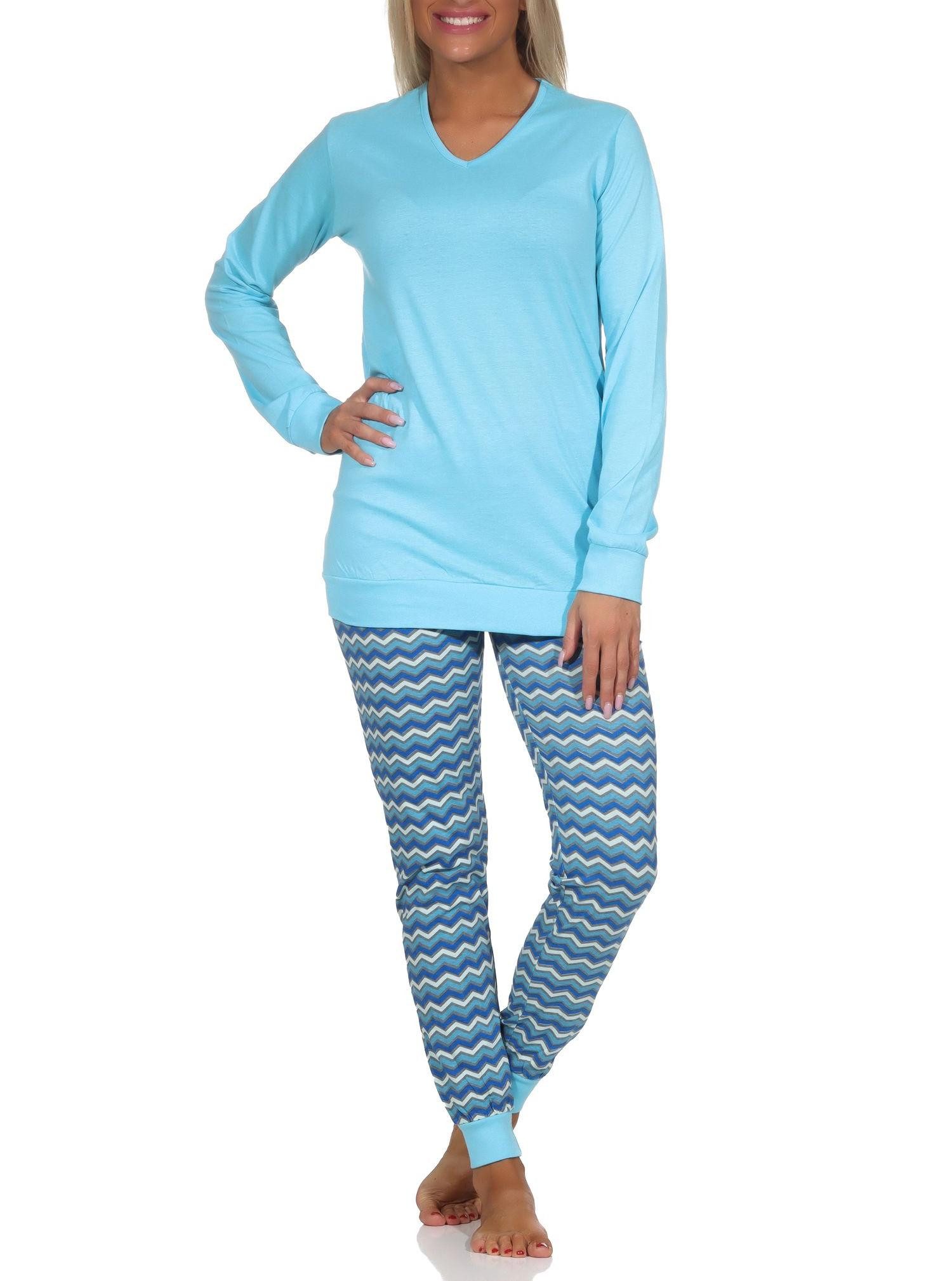 Normann Pyjama Damen Pyjama, Schlafanzug lang mit V-Hals & Bündchen im Ethno-Look