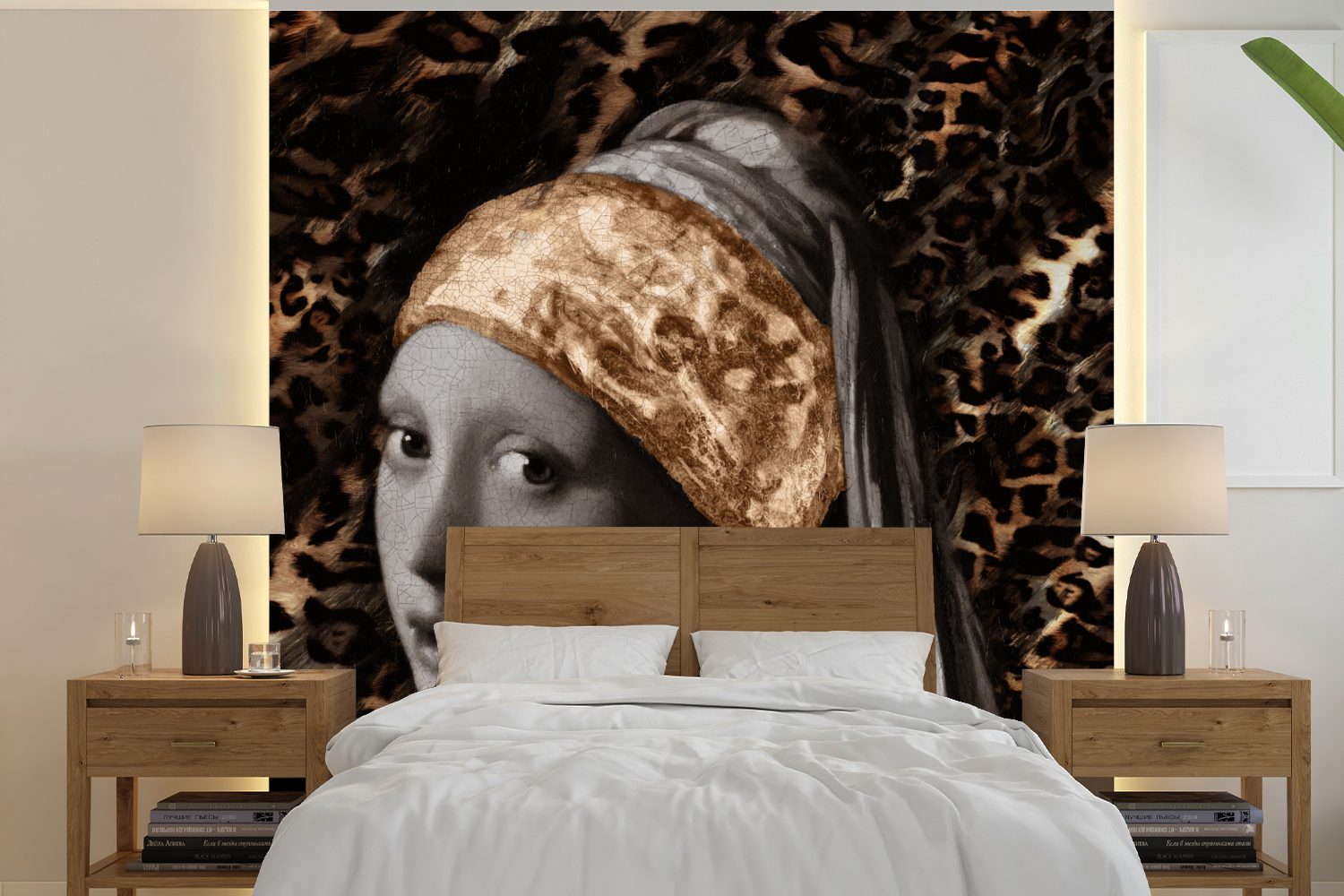 MuchoWow Fototapete Mädchen mit Perlenohrring - Braun - Pantherdruck, Matt, bedruckt, (5 St), Vinyl Tapete für Wohnzimmer oder Schlafzimmer, Wandtapete