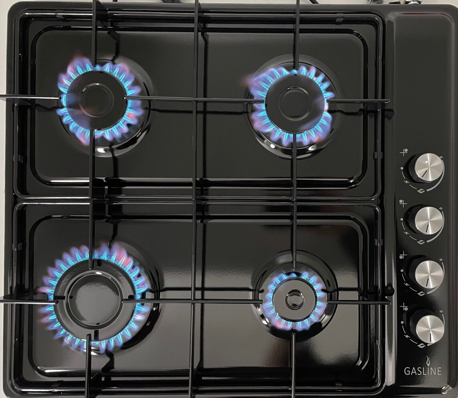 Gasline Gas-Kochfeld Tischkocher schwarz mit rutschfeste Gummifüße, elektrische Zündung und Zündsicherung, 60cm breit, 4 flammig, autark GAB60LPG, Propangas 50mbar