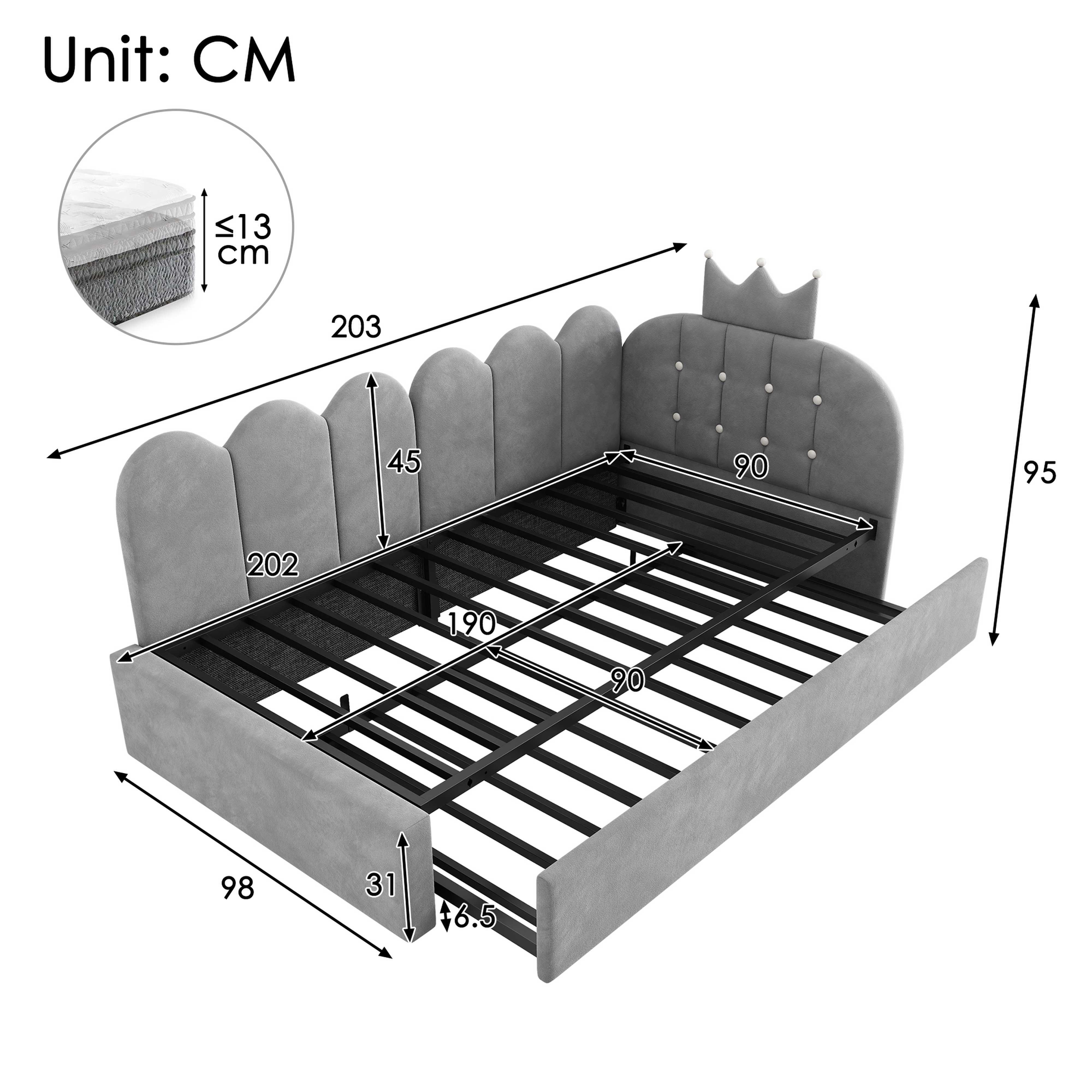 BlingBin Daybett Samt Tagesbett 90x200 cm mit Ausziehbett 90x190 cm (Schlafsofa L-Form umbaubar, Kronen‑Gitter Design, 1 tlg), Kinderbett ohne Matratze, ideal fürs Kinderzimmer, Gästezimmer