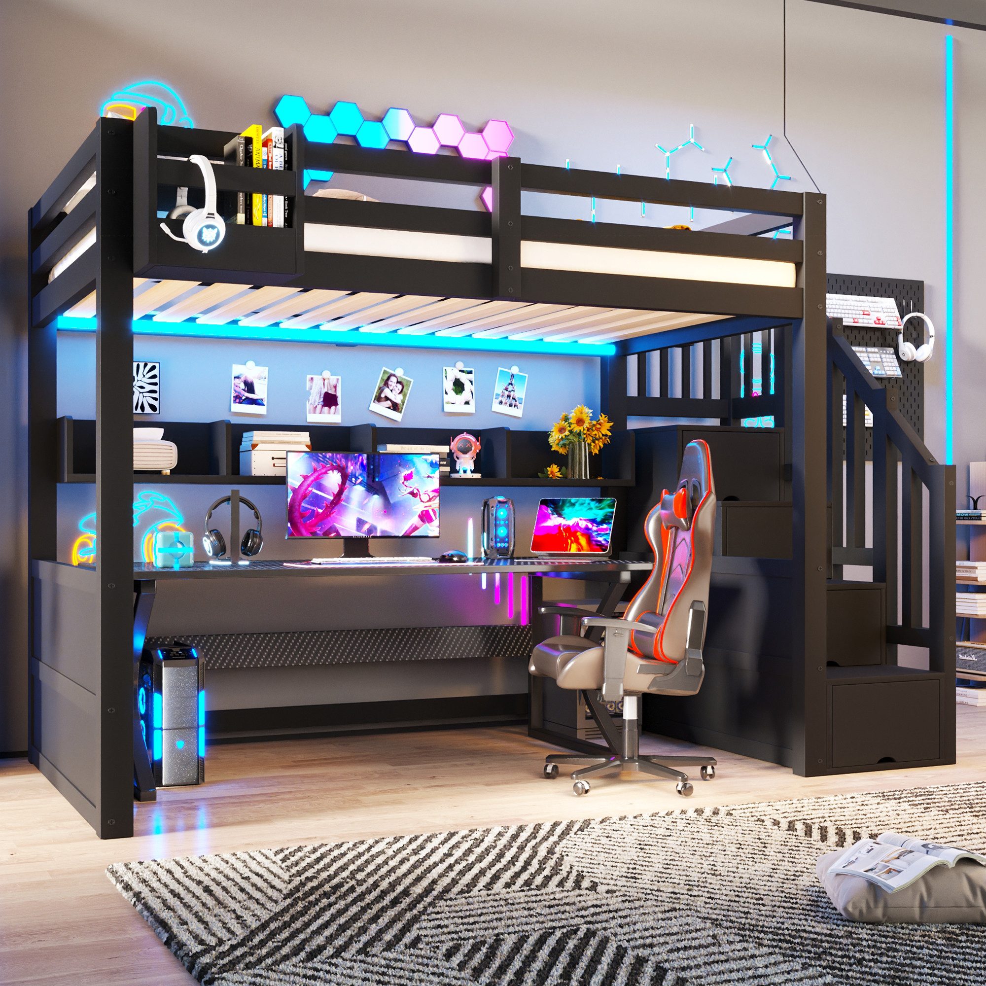 STILVORA Jugendbett 90×200 mit Stauraum Funktionbett Holzbett, ohne Matratze (Hochbett mit Stauraumtreppe, Kleiderschrank und Ablagefächern, Holz, LED-Beleuchtung, 4 Fächer, Lattenrost, Geländer), für Kinderzimmer, Jugendzimmer, kleine Räume und Gästezimmer