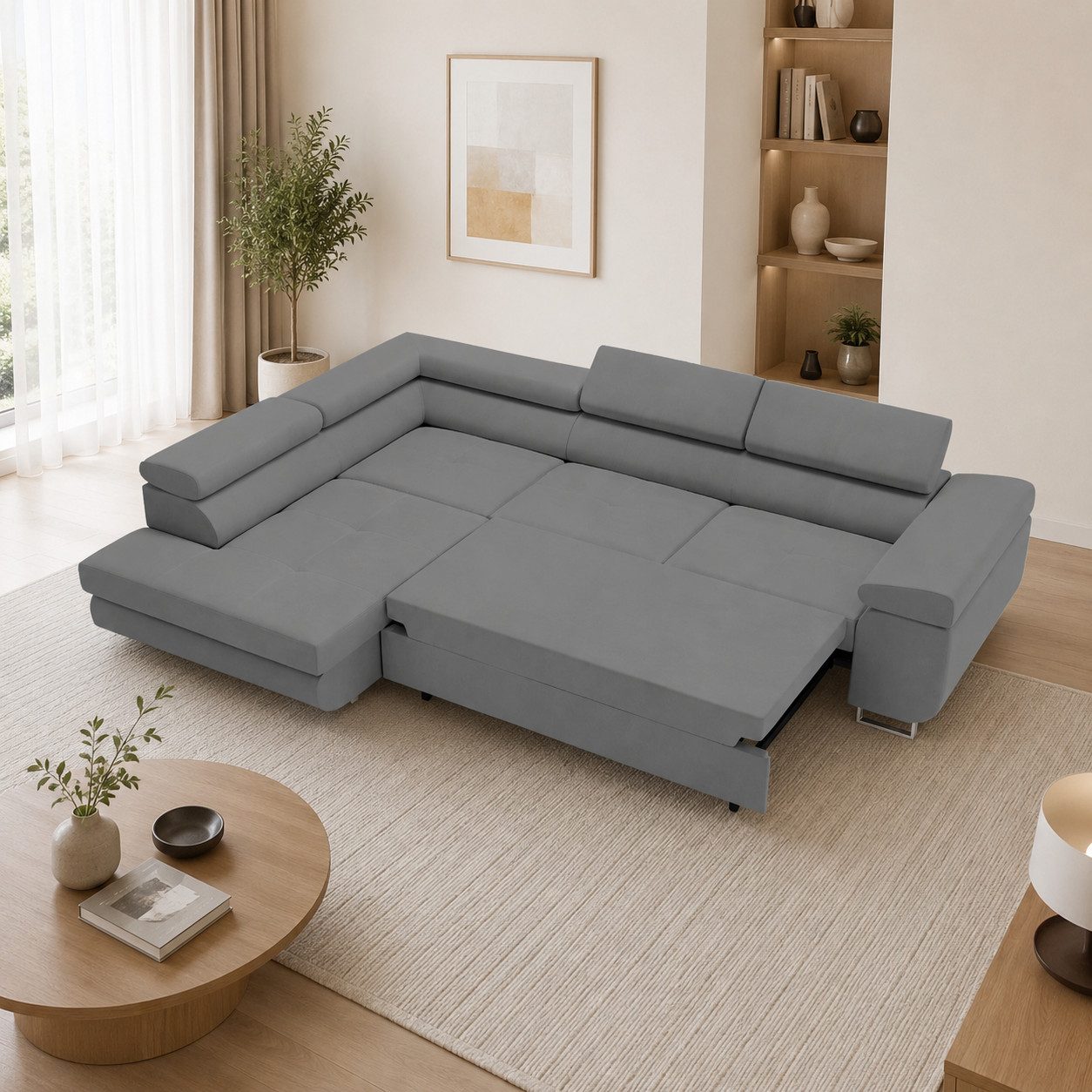 Goldstoff Ecksofa mit Schlaffunktion & Bettkasten - hochwertiges Sofa, Couch mit Schlaffunktion für Wohnzimmer - Schlafsofa - Eckcouch, Eckcouch mit praktischem Bettkasten in grau