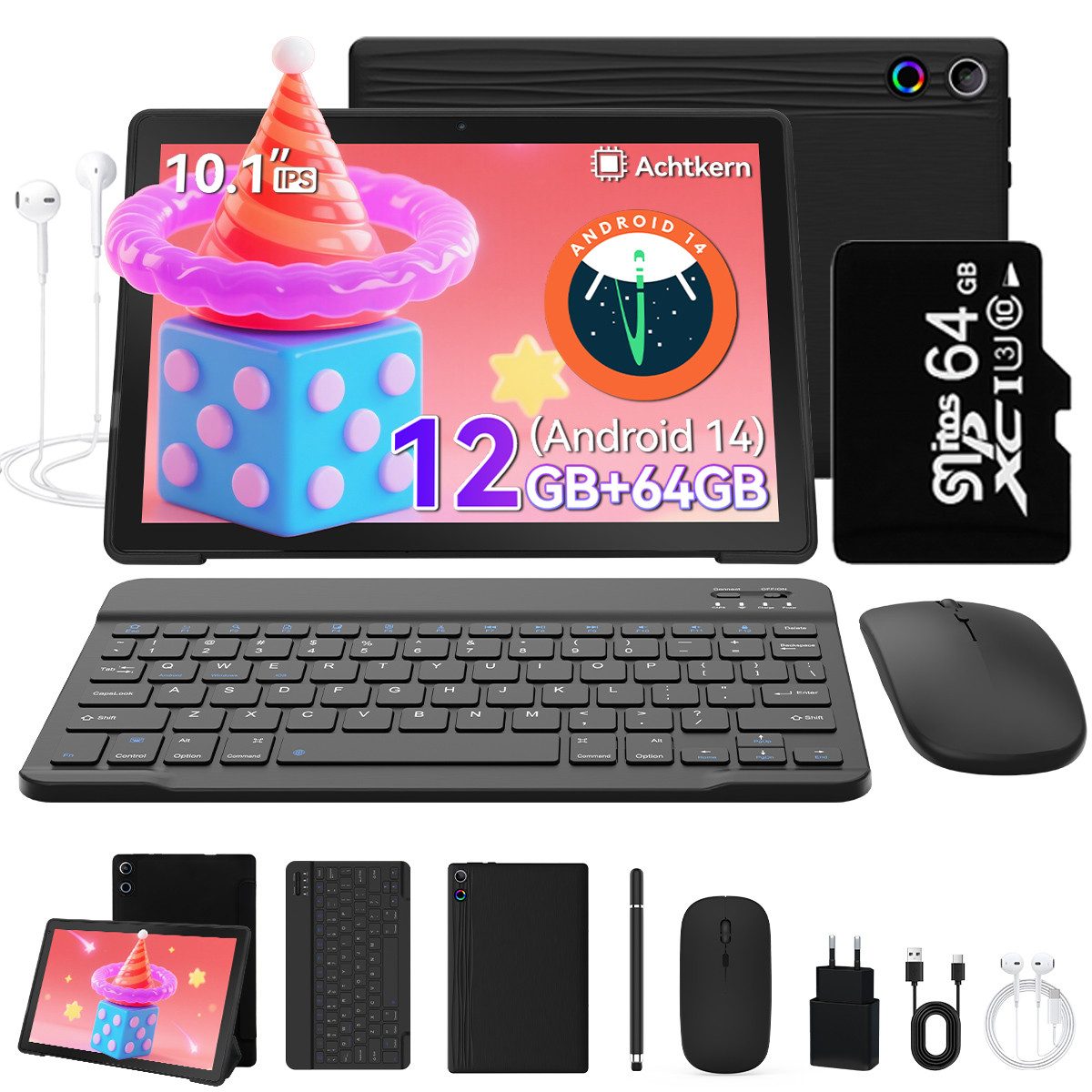 Happybe 10 Zoll, 12(3+9)GB RAM+64GB, Android 14, mit Tastatur Stift Hülle Set Tablet (10,1", 64 GB, Android, WiFi, Octa-Core, WiFi 6, HD 1280x800, 5000mAh Akku)