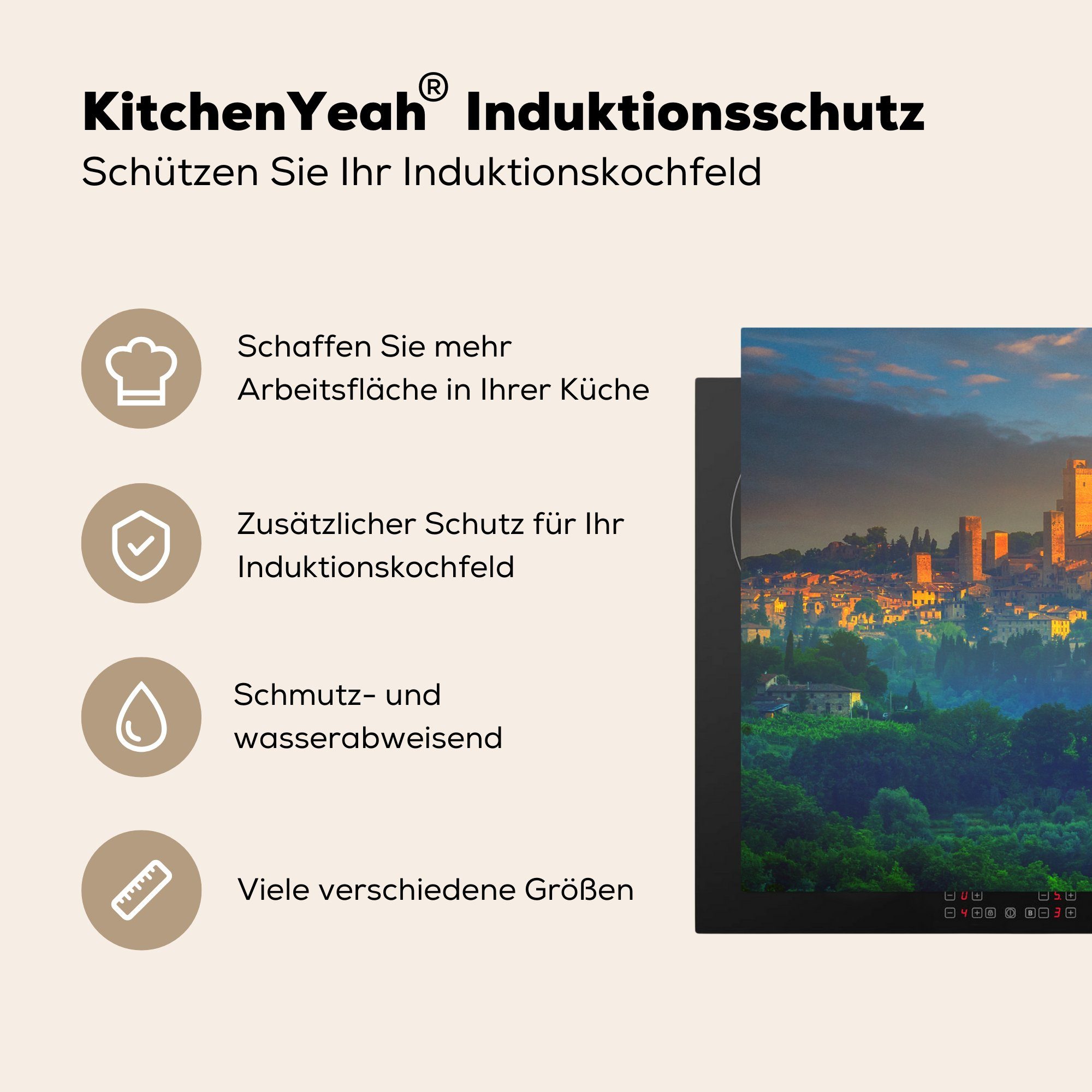 Induktionskochfeld für Italien, Schutz der cm, San küche, MuchoWow 81x52 Gimignano Toskana, Vinyl, Ceranfeldabdeckung die (1 in tlg), Herdblende-/Abdeckplatte Sonnenaufgang über