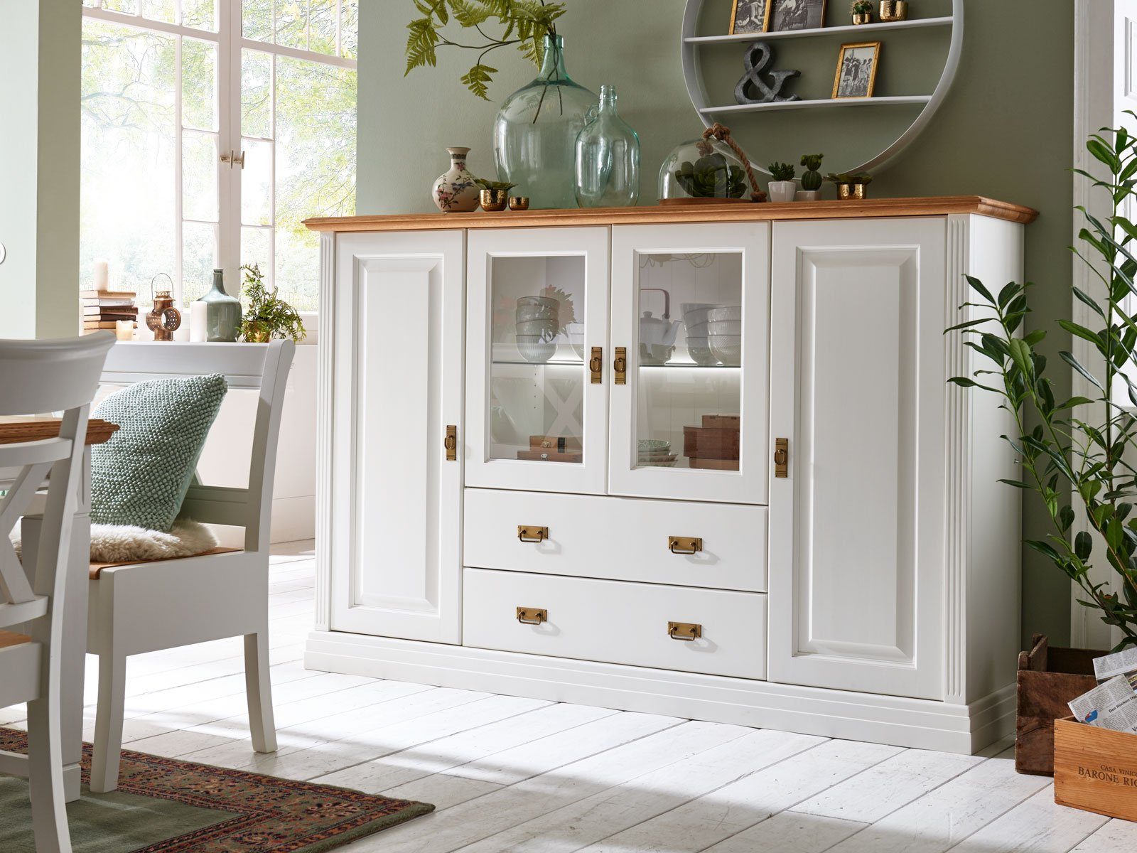 Casamia Highboard Highboard Hochanrichte Novara 4-türig mit 2 Schubladen weiß massiv